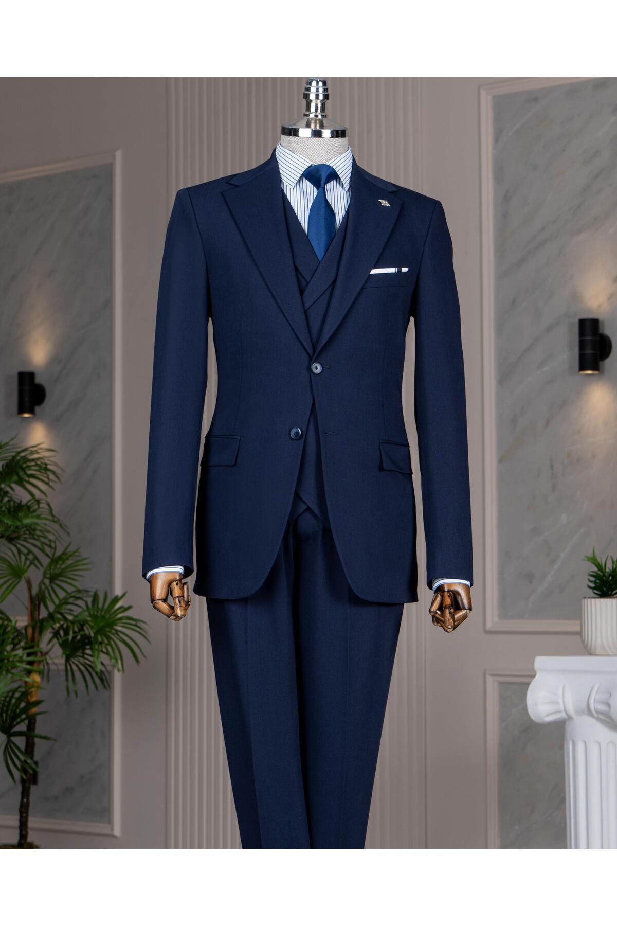 TerziAdemAltun İtalyan stil 8 drop ceket yelek pantolon takım elbise lacivert T14592