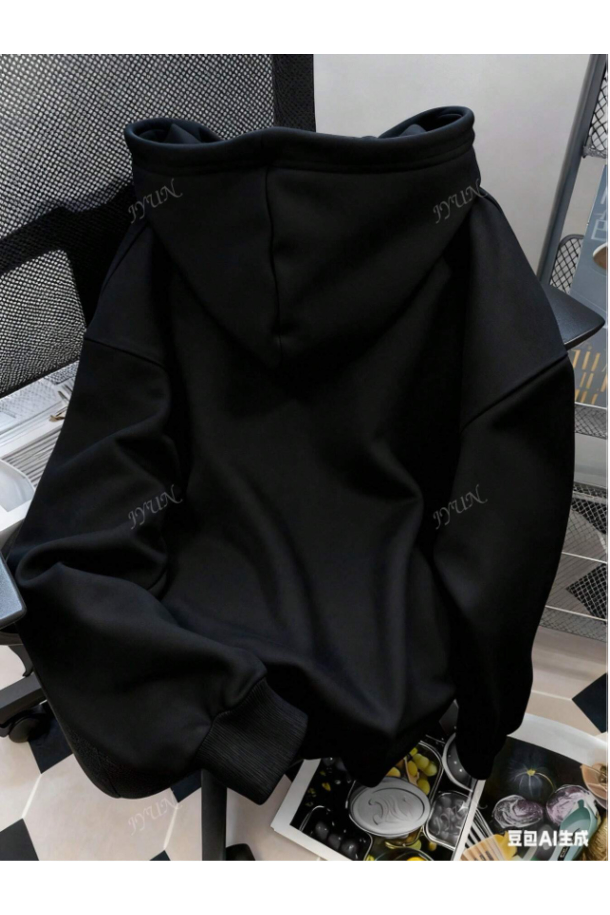 سویشرت کلاه‌دار طرح‌دار نخی نیویورکی مردانه/زنانه Y2k یونیسکس — مشکی Nycs sweats — تصویر 2 از 5