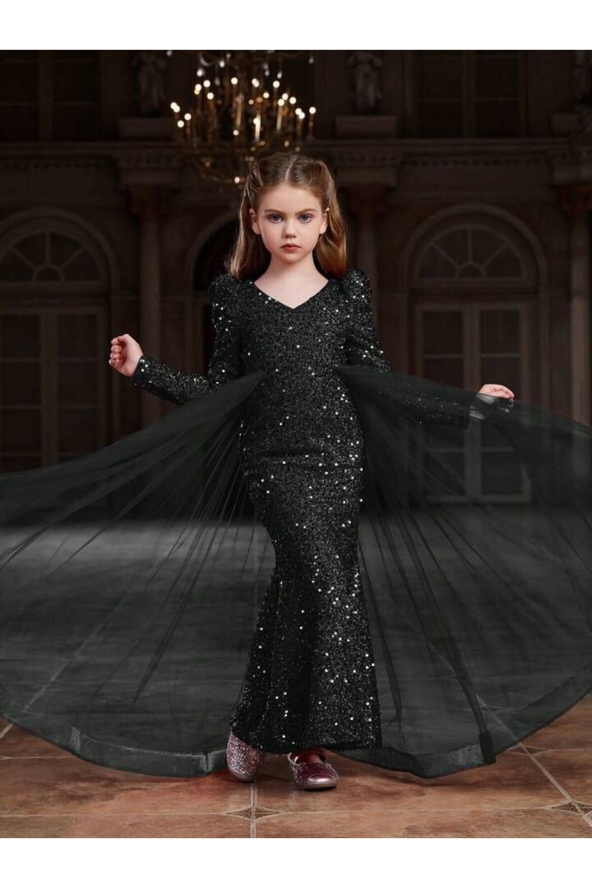 INDRESS STUDIO Kız Çocuk Abiye Uzun Kollu Payet Kuyruklu Elbise