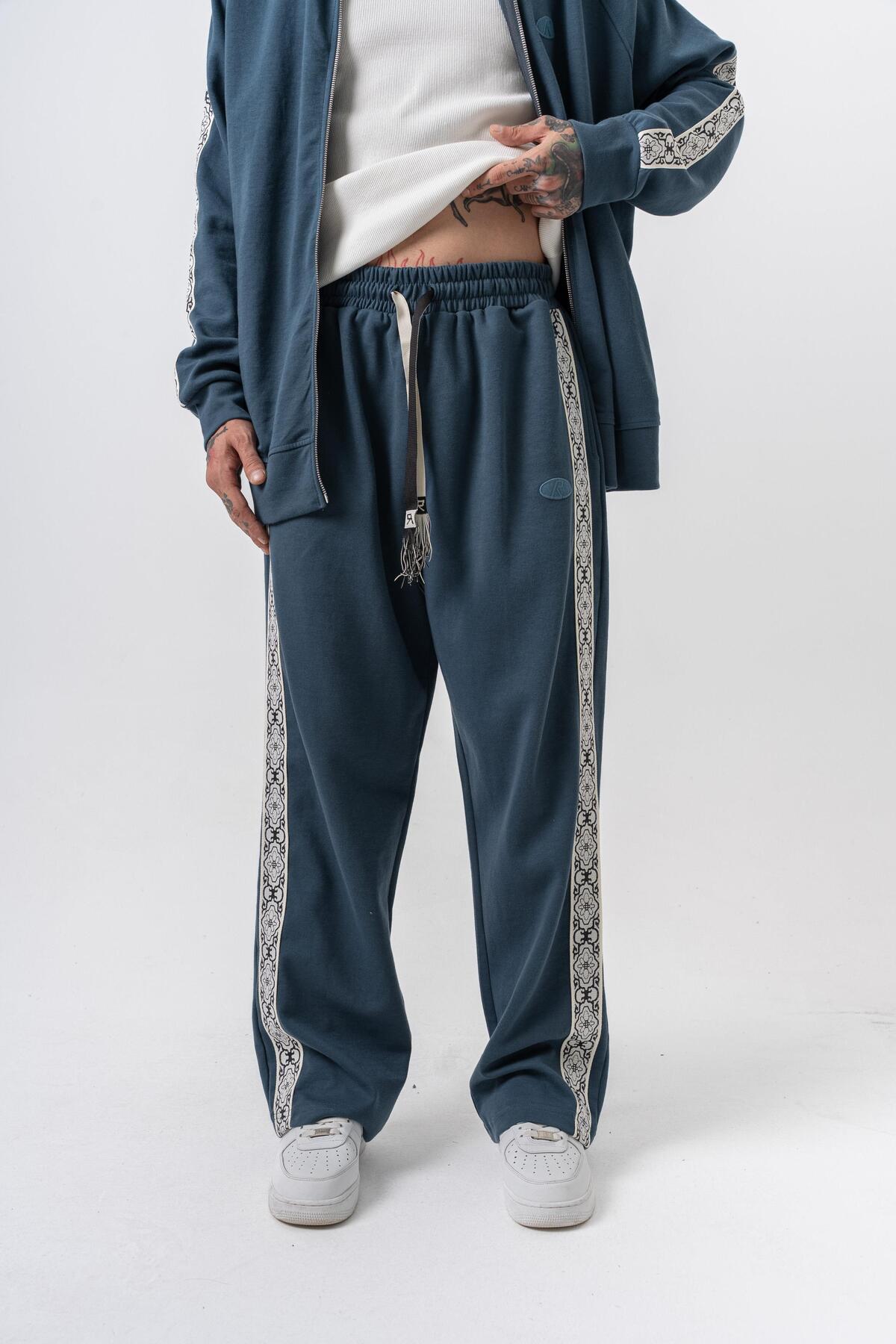 Respire  Erkek Damask Şerit Detaylı Kışlık Doubleface Baggy Eşofman Altı Petrol - Görsel 3