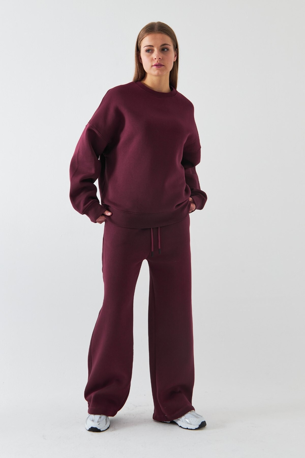 The Champ Clothing Unisex Oversize Eşofman Takımı Basic Bordo – Bisiklet Yaka, Bol Paça, 3 İplik Şardonlu Polar