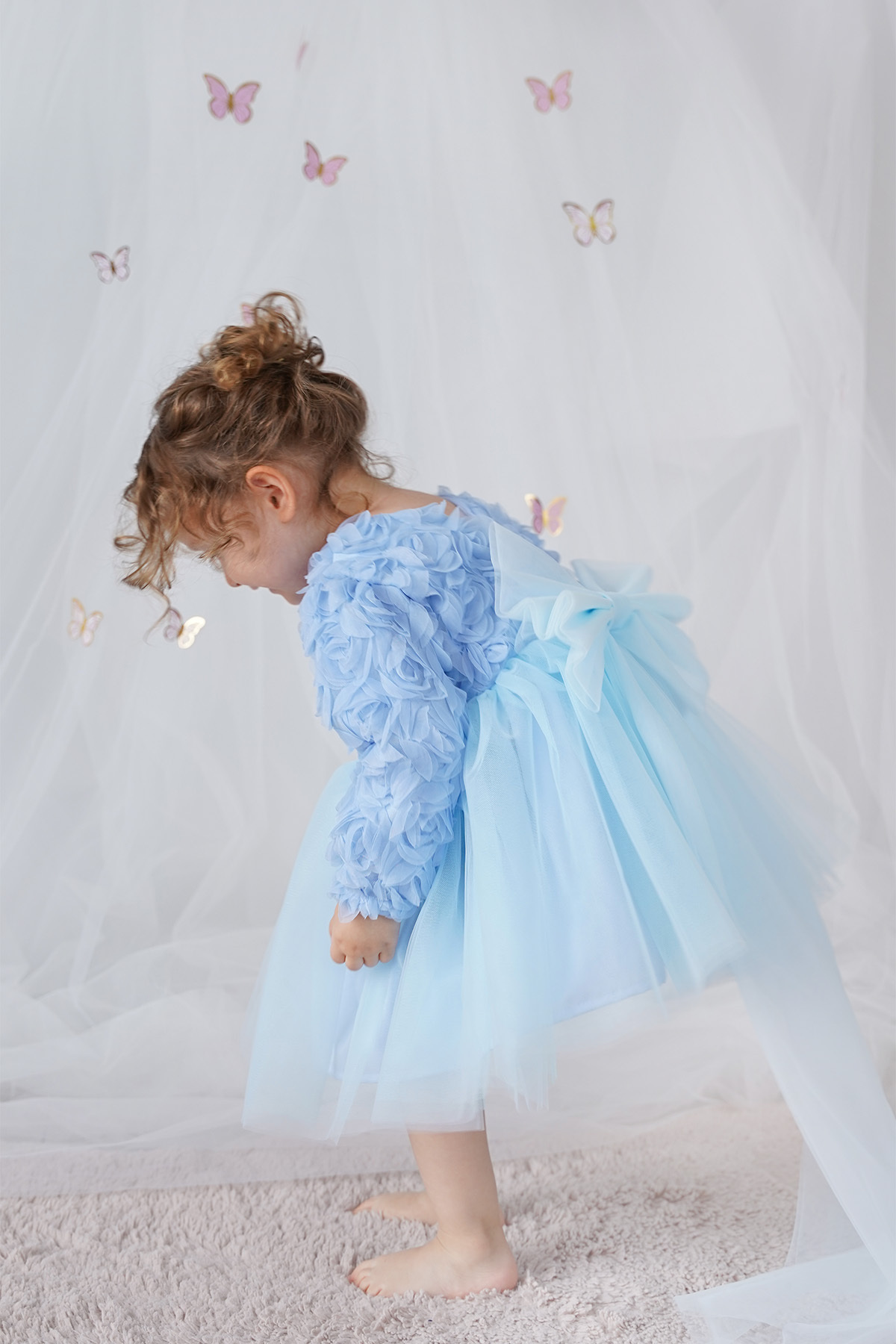 ALYRA Kız Bebek Elbise Uzun Kollu Fiyonklu Güllü Doğum Günü Parti Düğün Özel Gün Abiye Kız Çocuk Elbise fotoğrafı 5 (önizleme)