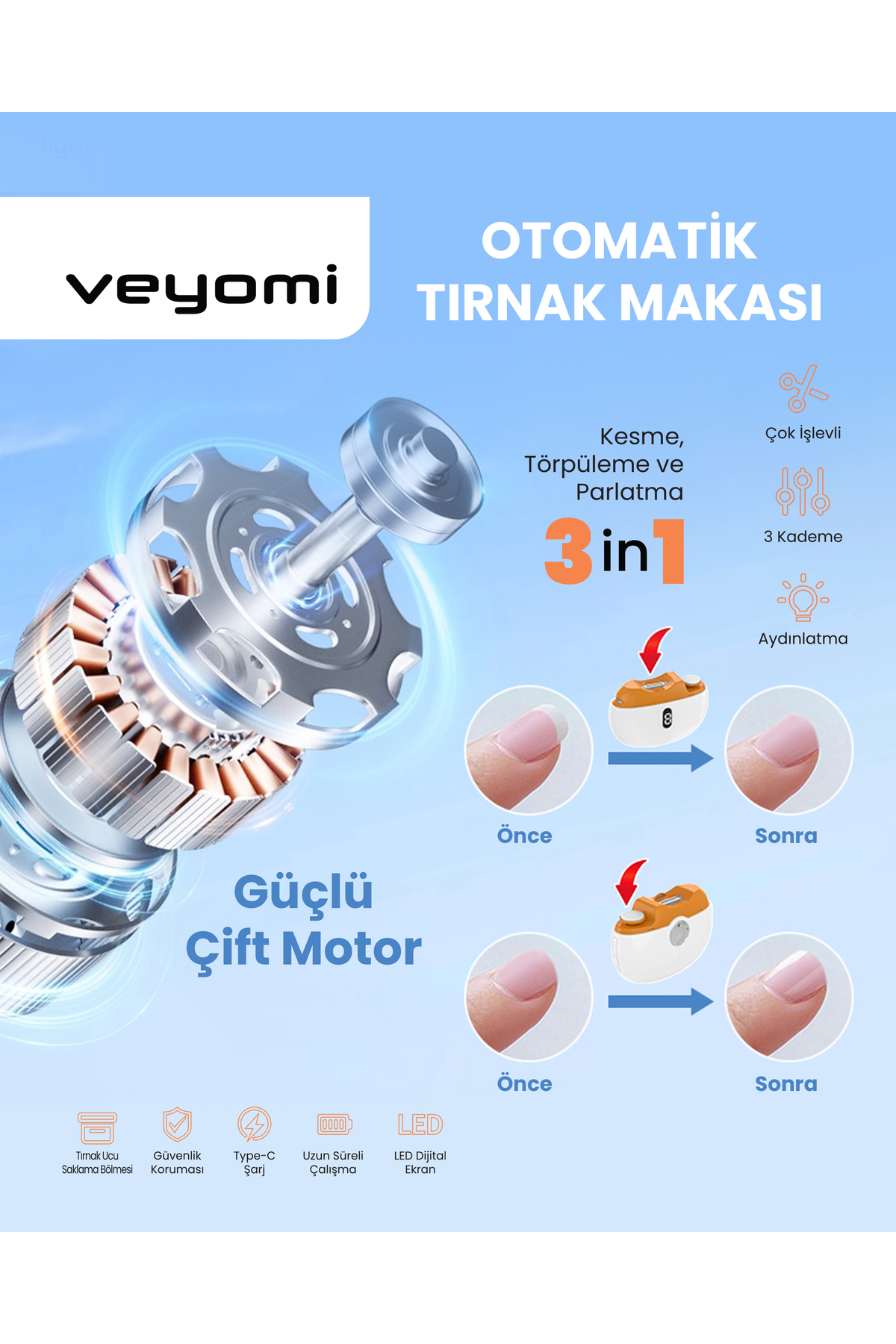 W-201D 3 in 1 - Otomatik Şarjlı Tırnak Makası ve Manikür Cihazı Elektrikli Tırnak Makası — تصویر 2 از 5