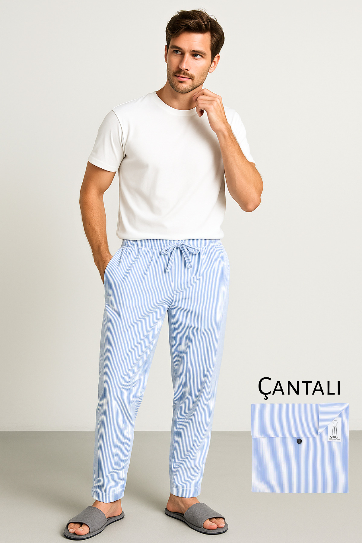 Rich Erkek Mavi Çizgili %100 Pamuk Çantalı Pijama Takımı