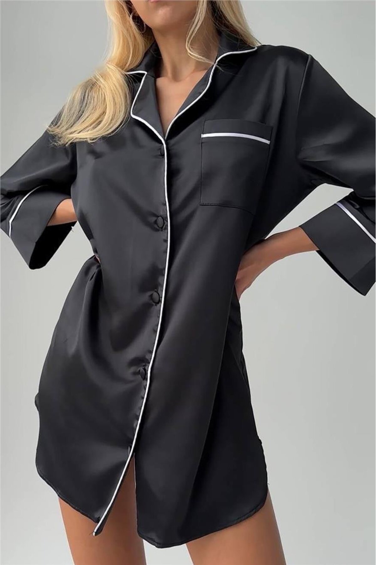 COCCOLARSI Nobiltà Della Notte Siyah Saten Uzun Tunik Gecelik