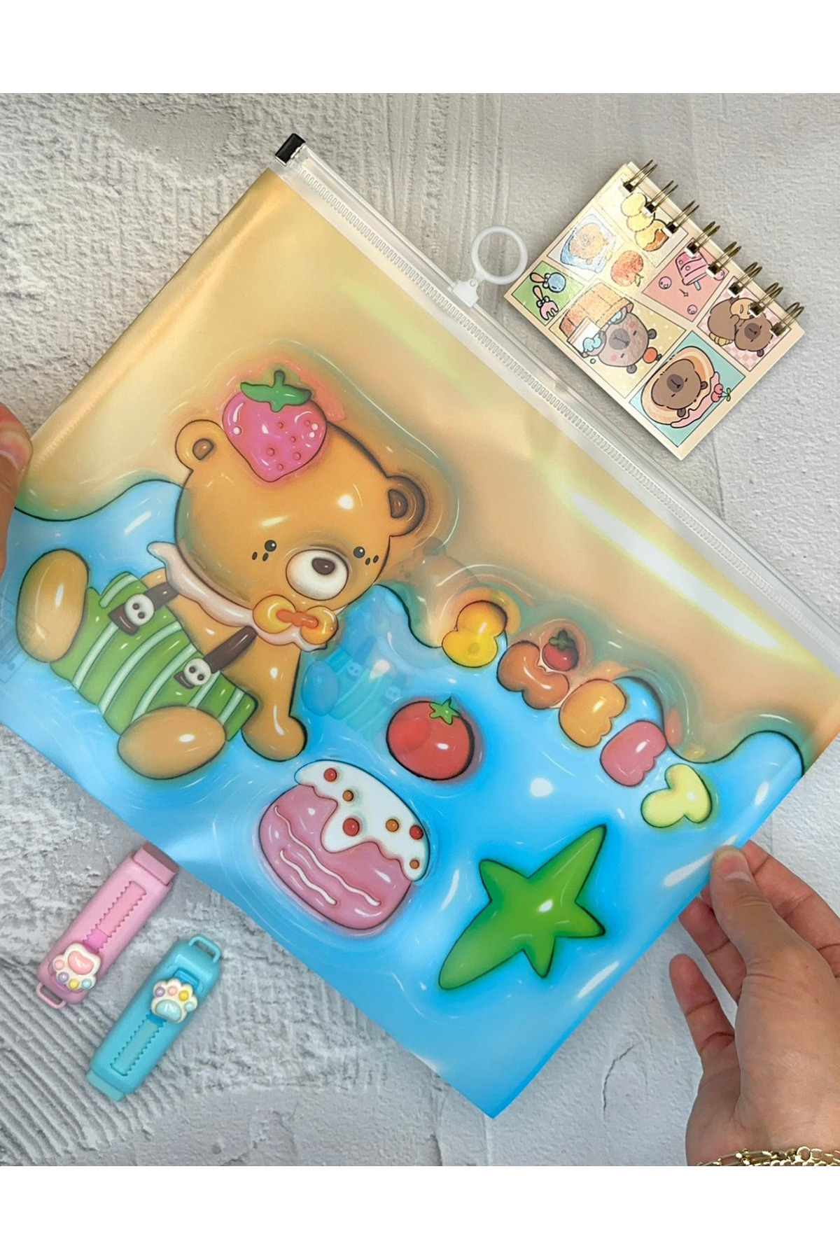 ZeCo Collection Sevimli Ayıcık Şeffaf Tek Bölmeli A4 Fermuarlı Dosya Klasörü / Belge Dosyası/Düzenleyici Klasör