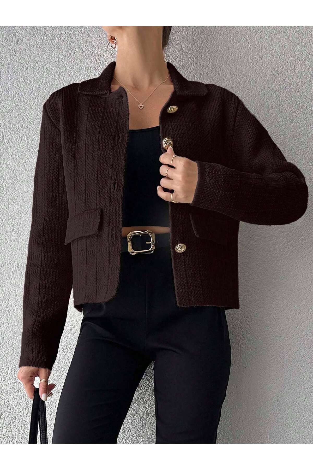 Puella  HRK0009 Kadın Kahverengi Ceket Yaka Ekoseli Gold Düğmeli Tüvit-Ceket Triko Hırka - Görsel 2
