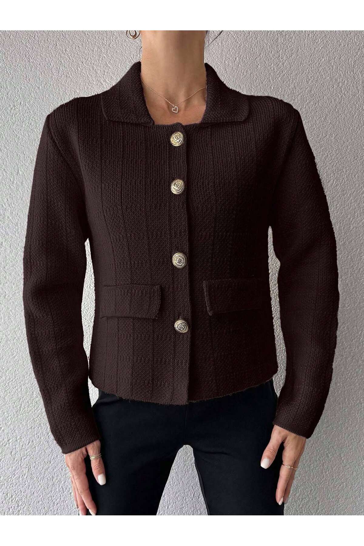 Puella  HRK0009 Kadın Kahverengi Ceket Yaka Ekoseli Gold Düğmeli Tüvit-Ceket Triko Hırka - Görsel 6