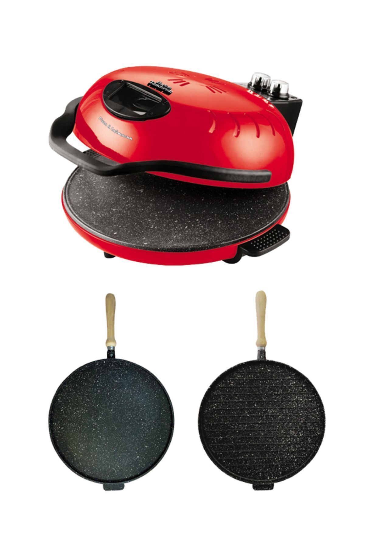 Empressco Kırmızı Çok Fonksiyonlu Lahmacun ve Pizza Yapma Makinesi ile Kızartma Tavası