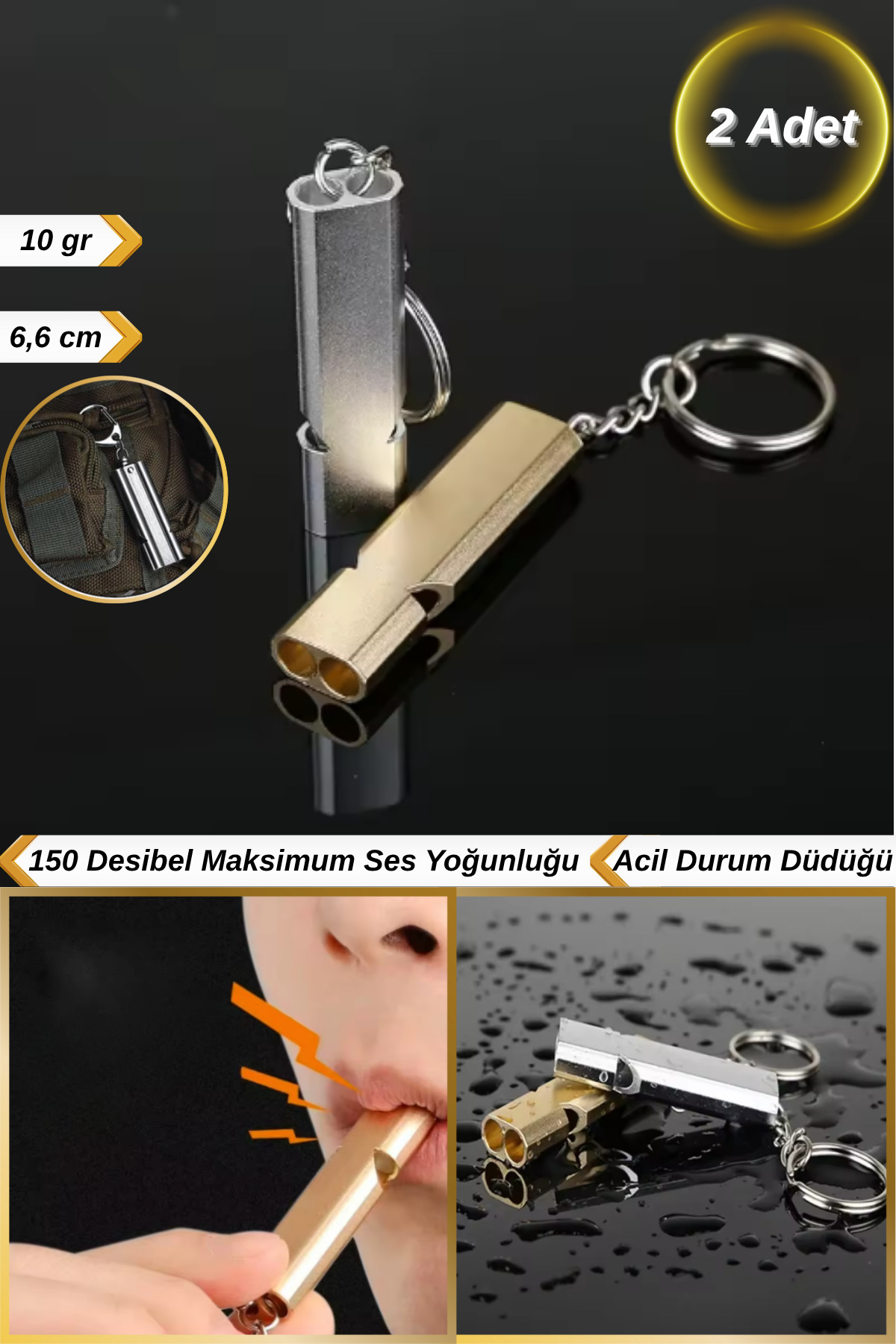 Hane Dostu 2 Adet Anahtarlık Model Alüminyum Acil Yardım İmdat Düdüğü | Kamp Spor Düdüğü