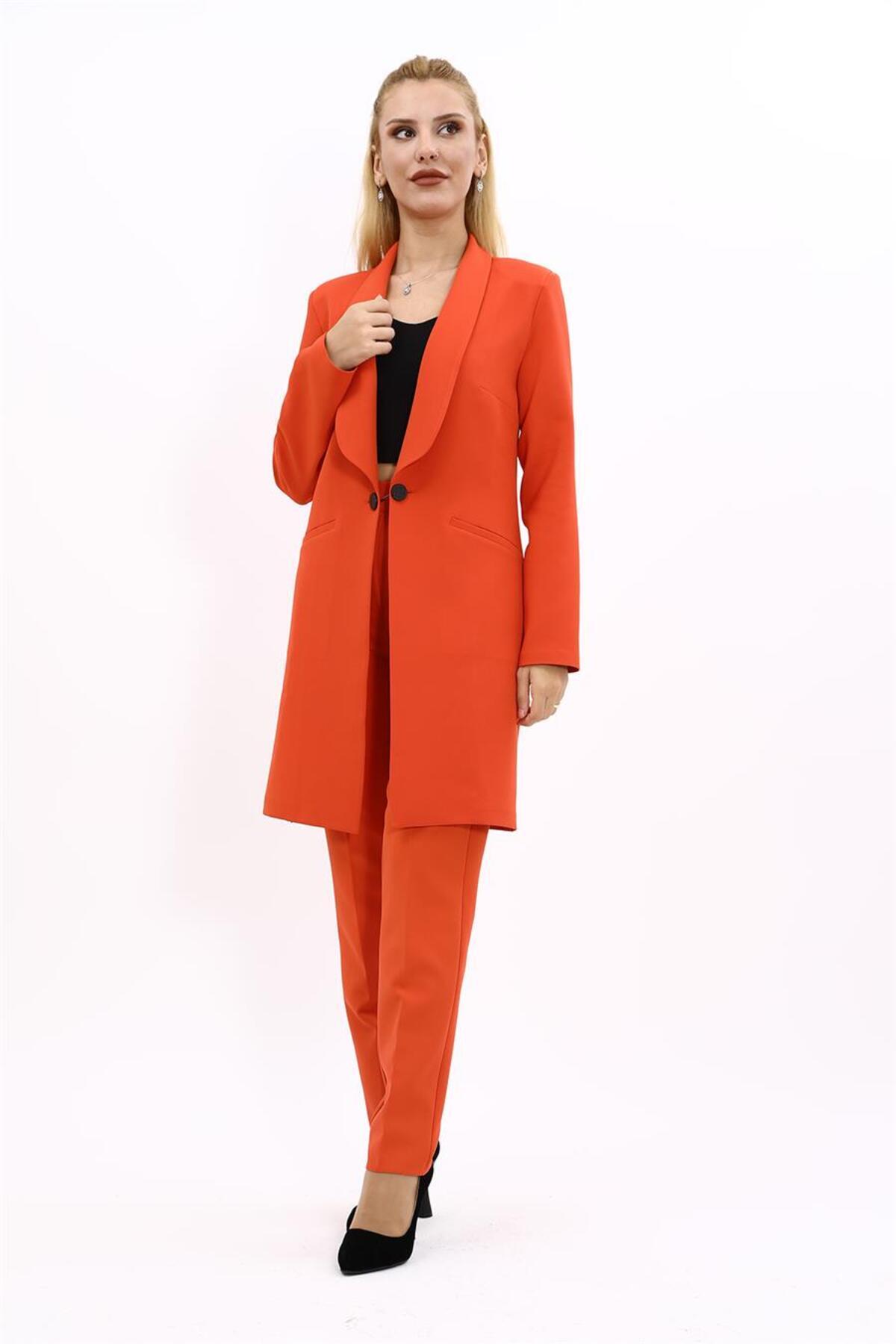Shawl Collar Pocket Long Jacket and Skinny Trousers Set-Stone