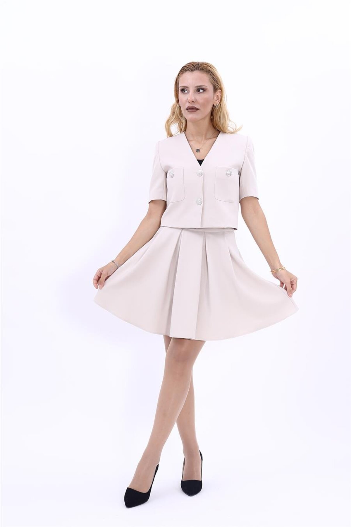V-Neck Short Jacket & Short Flared Skirt-Beige