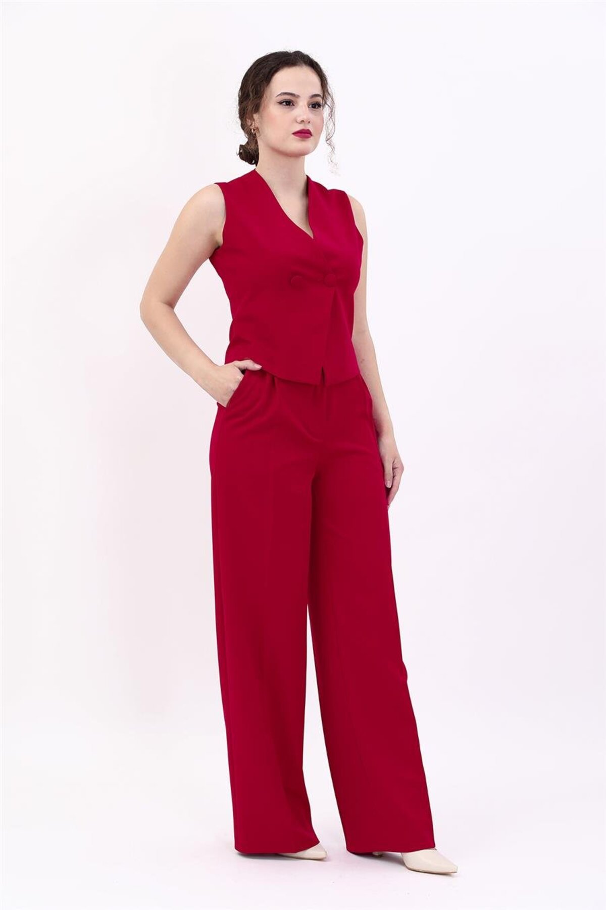 Wrap Cross Vest & High Waist Wide Leg Pants-Red