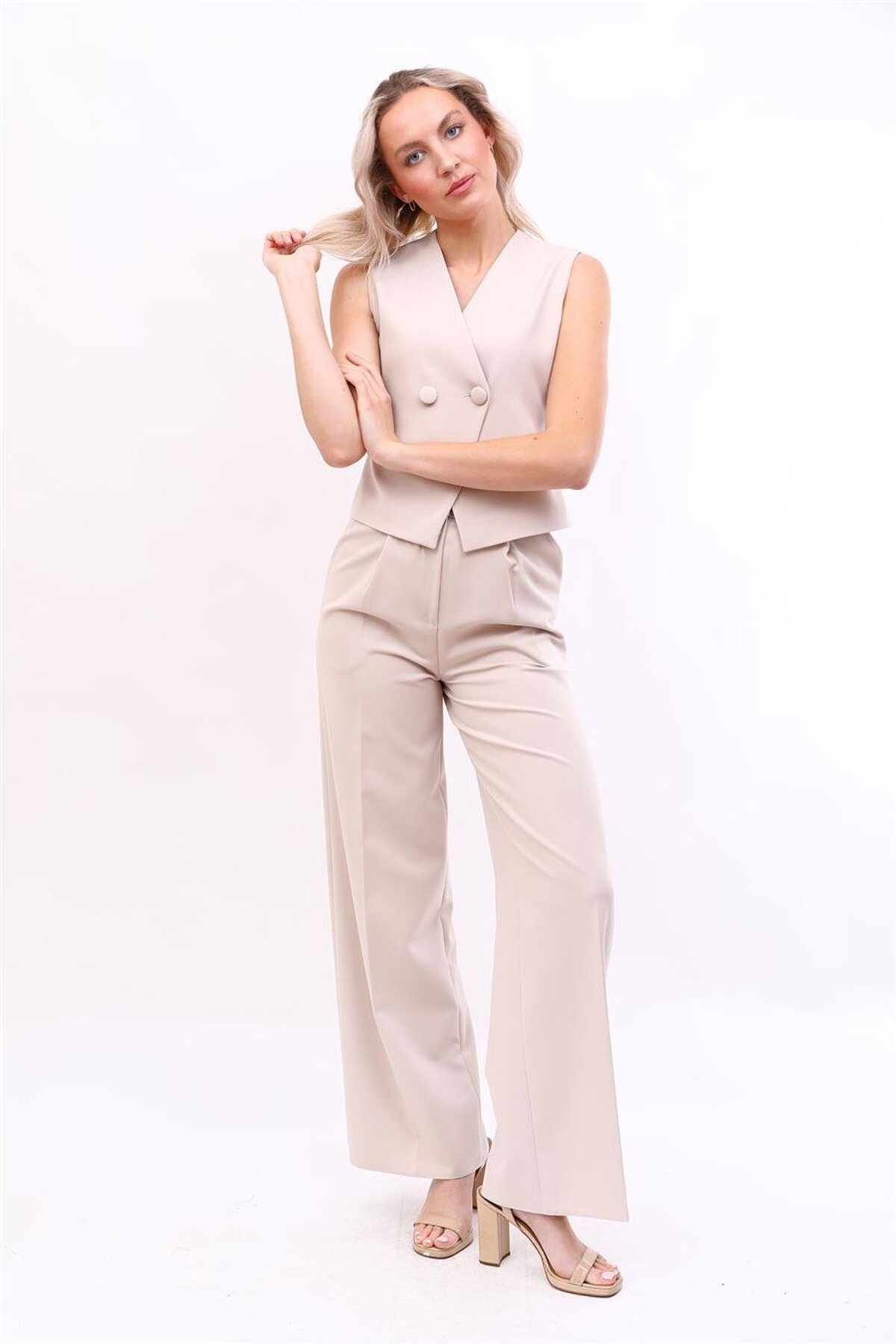 Wrap Cross Vest & High Waist Wide Leg Pants-Beige