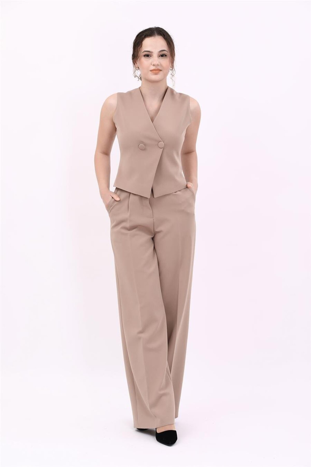 Wrap Cross Vest & High Waist Wide Leg Pants-Stone