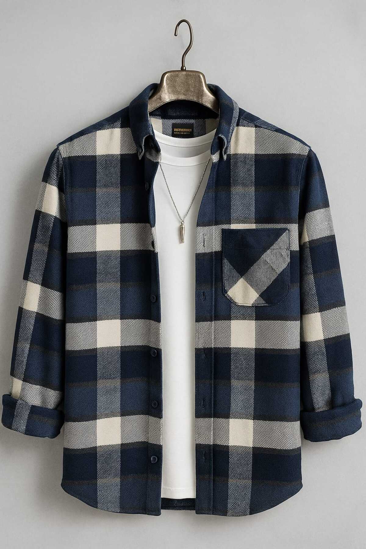 YNGMENCLASS  TEK CEP DETAYLI EKOSE DOKULU KAŞMİR PAMUKLU YAKA DÜĞMELİ KIŞLIK ODUNCU GÖMLEĞİ - Görsel 2