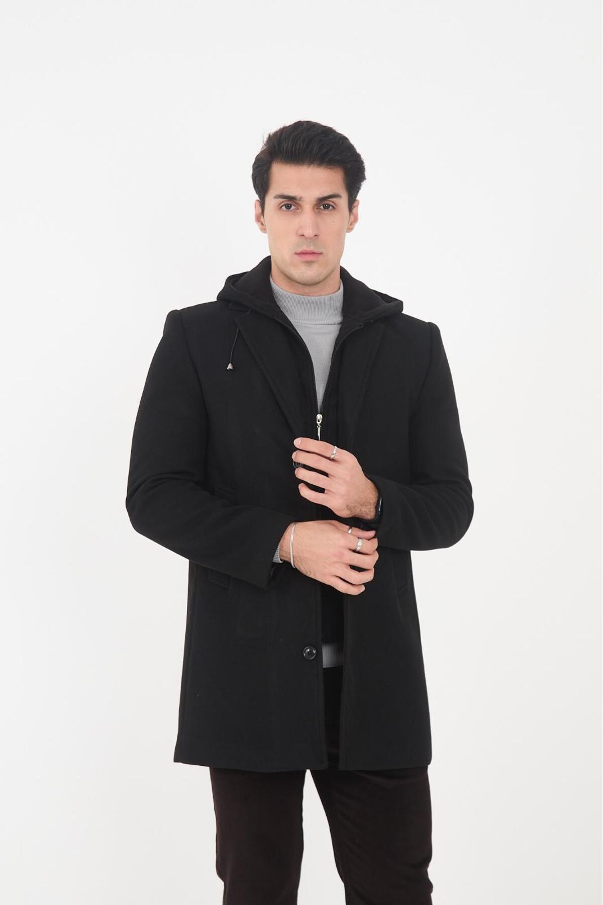 l lebs collection moda lebs şekil erkek Regular kapüşonlu Kaşe Kaban görsel 4