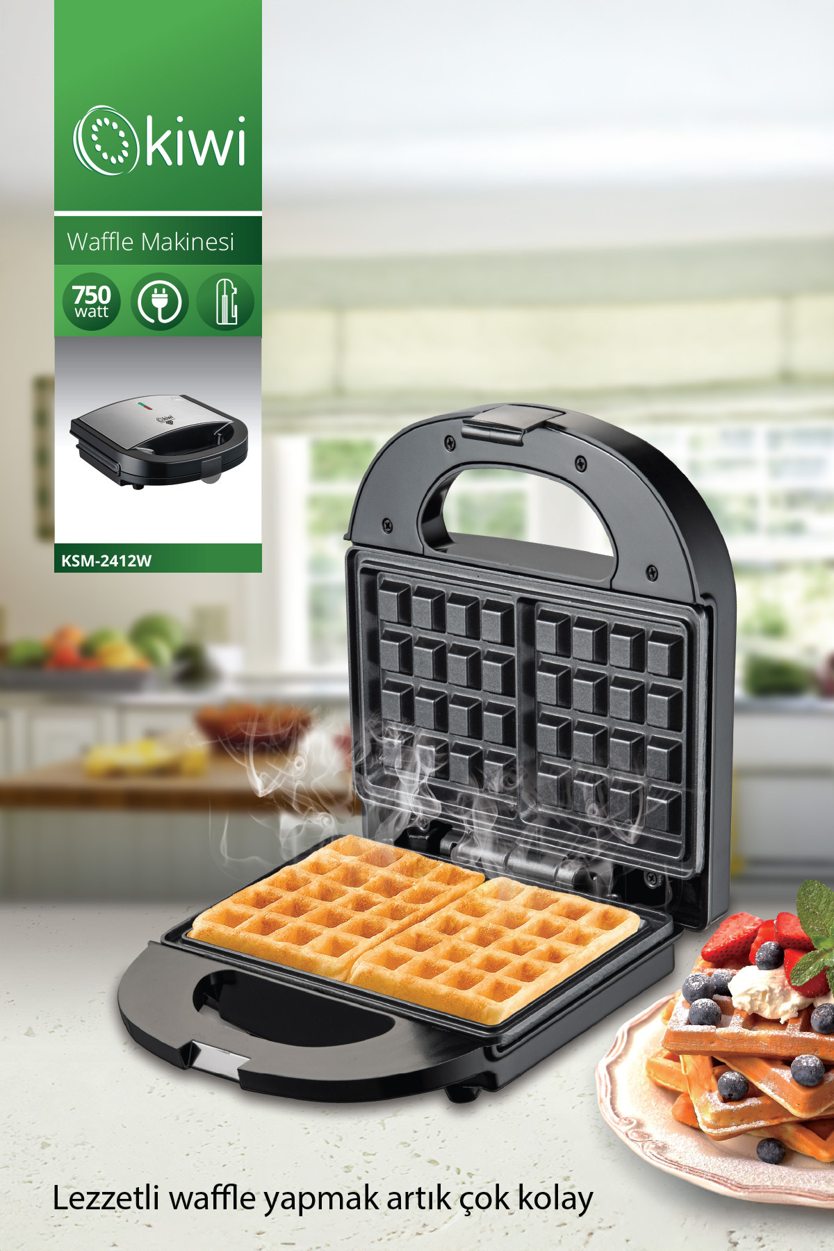 woodhub Yapışmaz Kaplama Paslanmaz Çelik Kapaklı Waffle Makinesi, Siyah