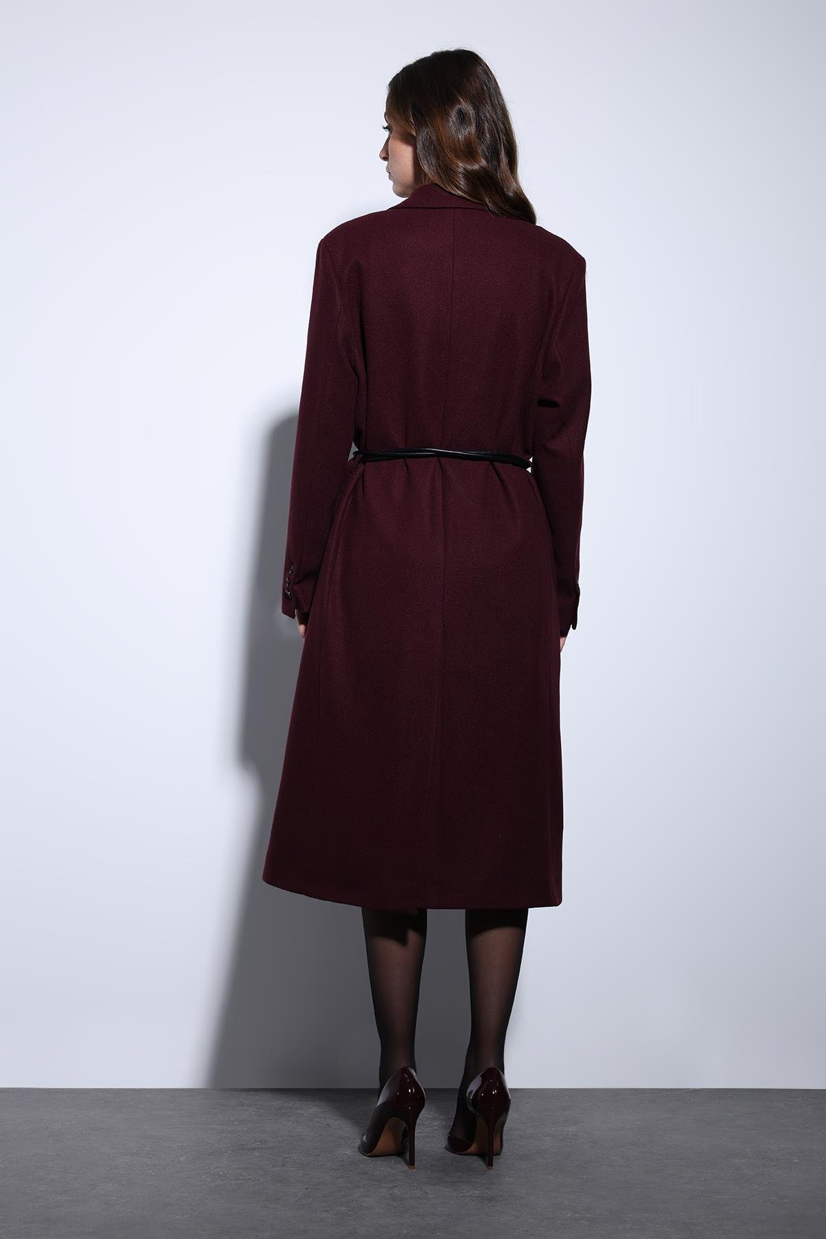 Antioch  Bordo Kemerli Kruvaze Kadın Kaban - Görsel 6