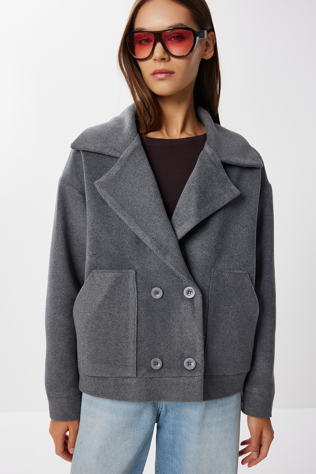 Lovelyİstanbul  Kruvaze Kısa Kaşe Kaban LDW0008 ANTRASİT - Görsel 2