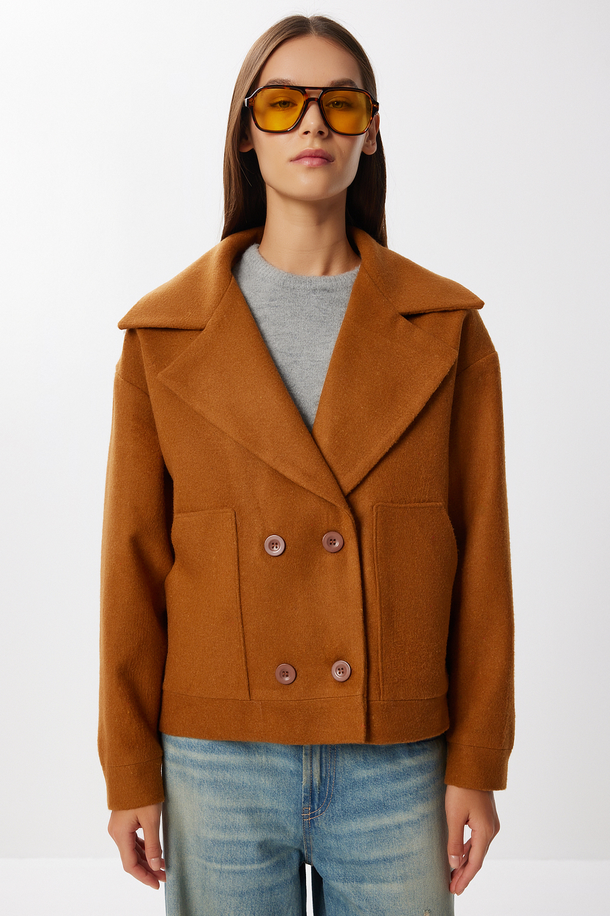 Lovelyİstanbul  Kruvaze Kısa Kaşe Kaban LDW0008 TABA - Görsel 4