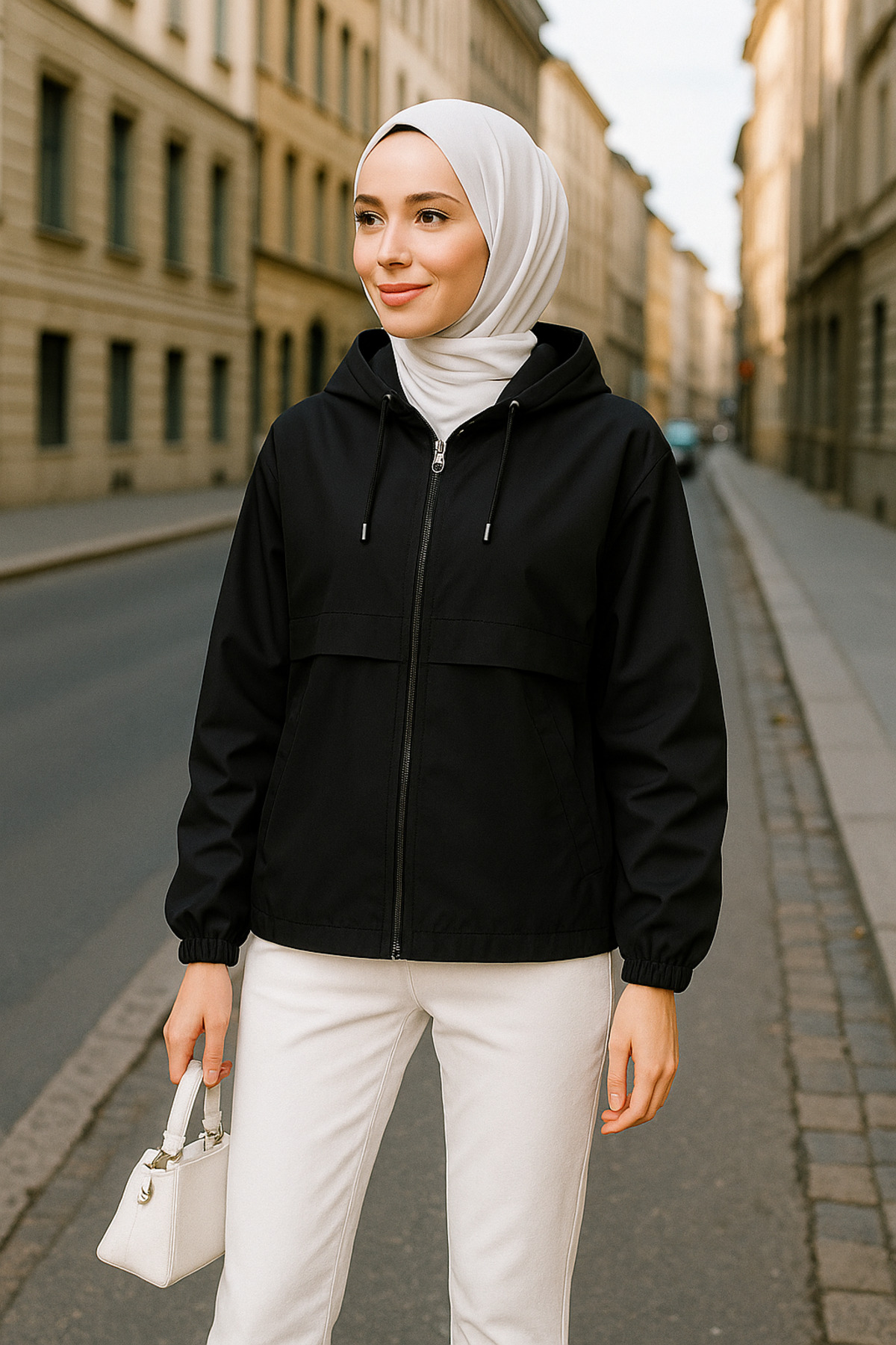 Azmmoda Kadın Siyah Bondit Kumaş Kapüşonlu Astarsız Yağmurluk