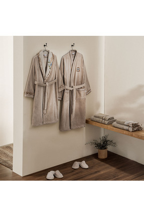 Ecocotton Latifa Aile Bornoz Seti %100 Organik Pamuk Nakışlı Bej/Bej - M/L