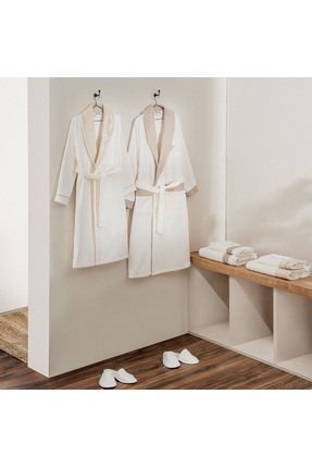 Ecocotton Mihra Aile Bornoz Seti %100 Organik Pamuk Nakışlı Krem/Krem - M/L