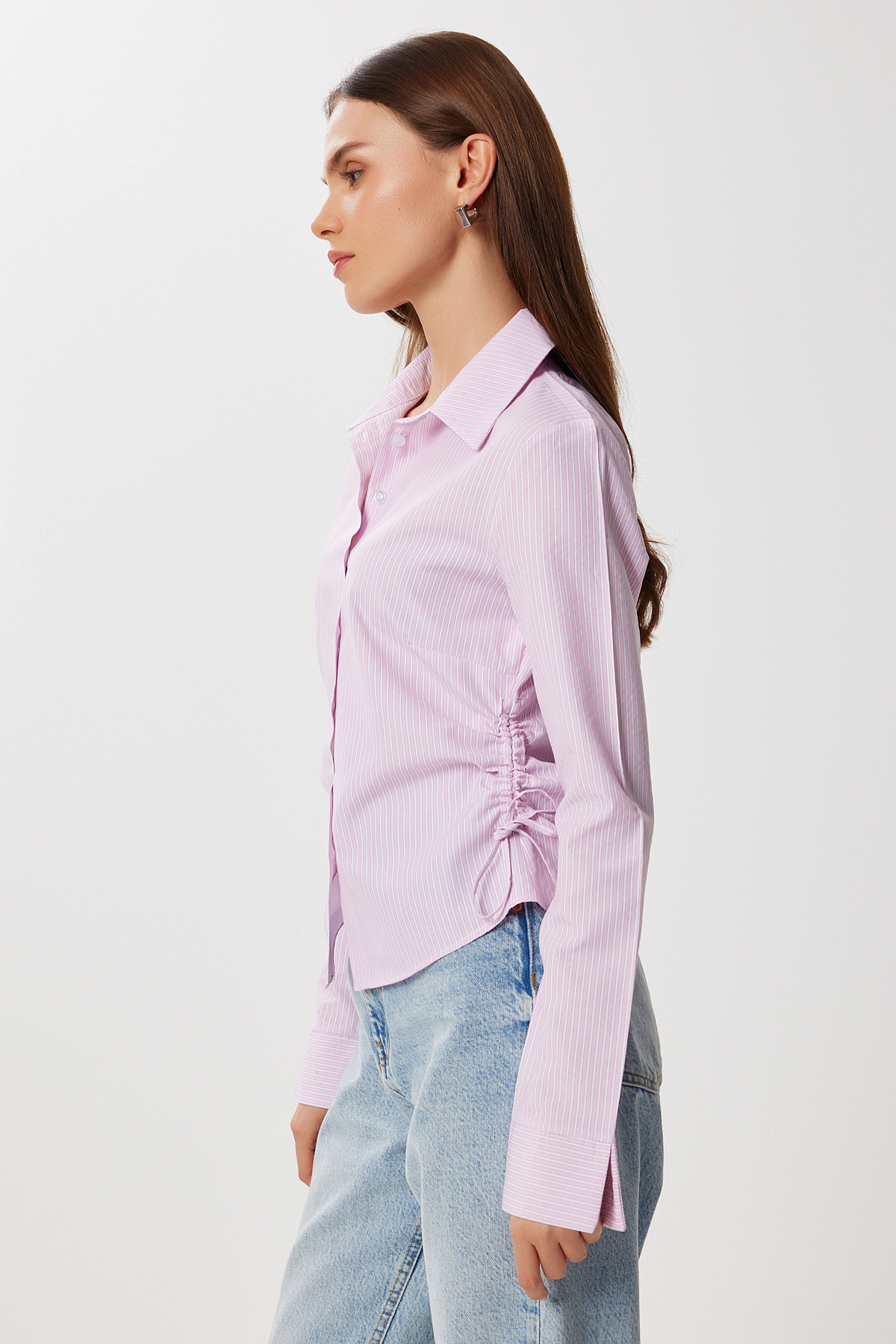 Lovelyİstanbul  Yan Büzgülü Çizgili Dokuma Gömlek LDZ0053 PEMBE BEYAZ - Görsel 4