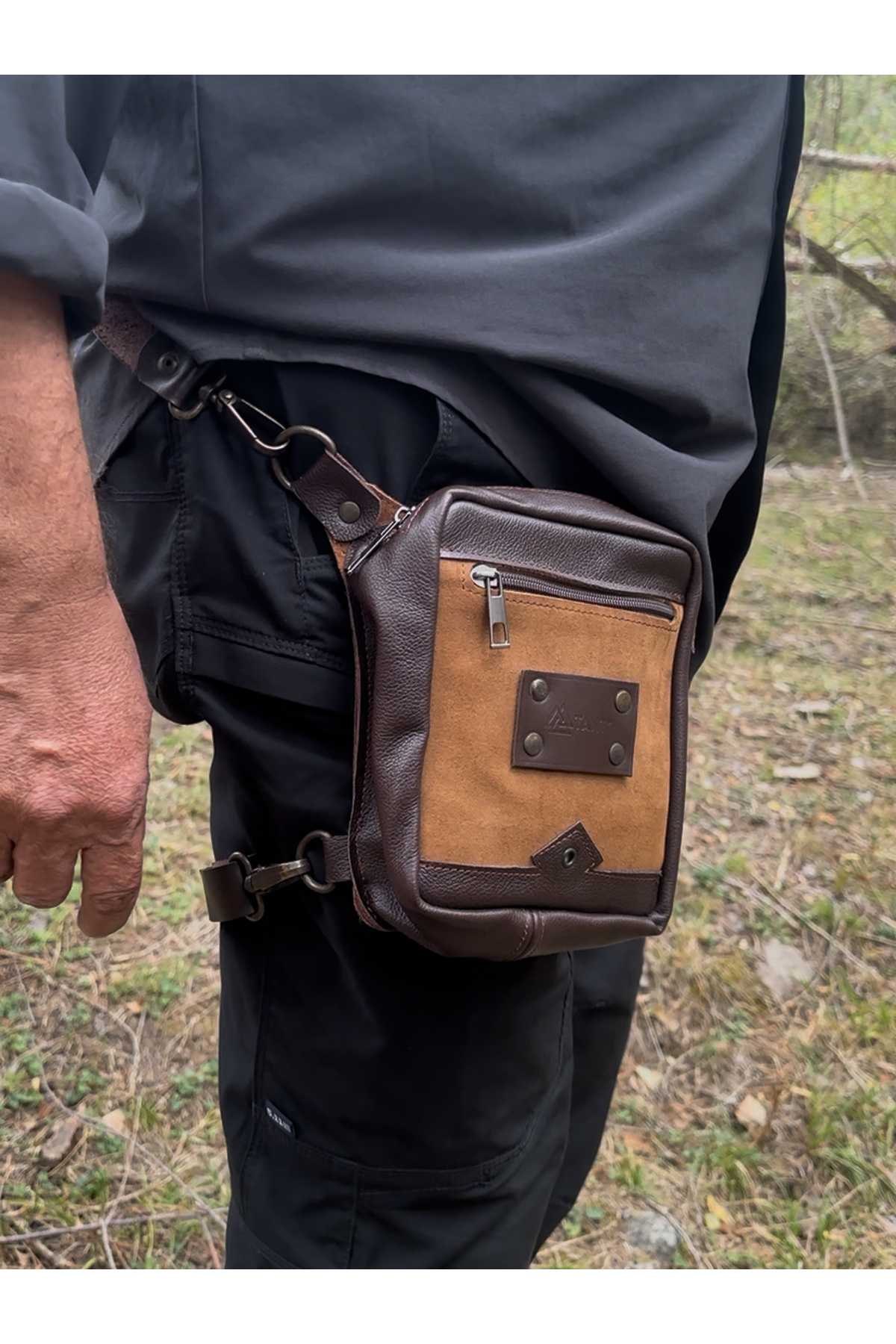 Tantobushcraft Su Geçirmez Deri & Nubuk Kahverengi Motorcu Bacak & Bel Çantası – Outdoor / Motosiklet