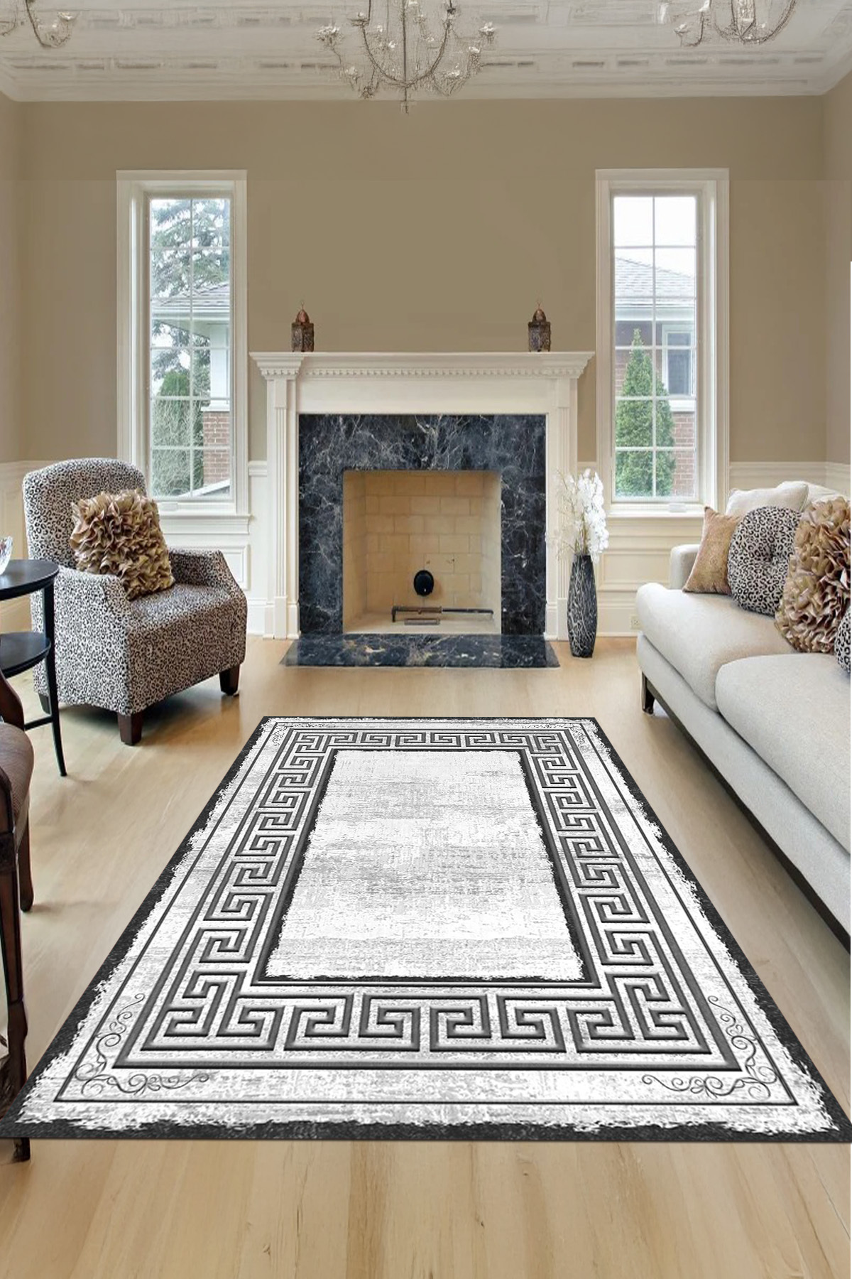Modern Framed Living Room Rug with Classic Edge Stripes with Digital Printed Washable and Non-Slip Base