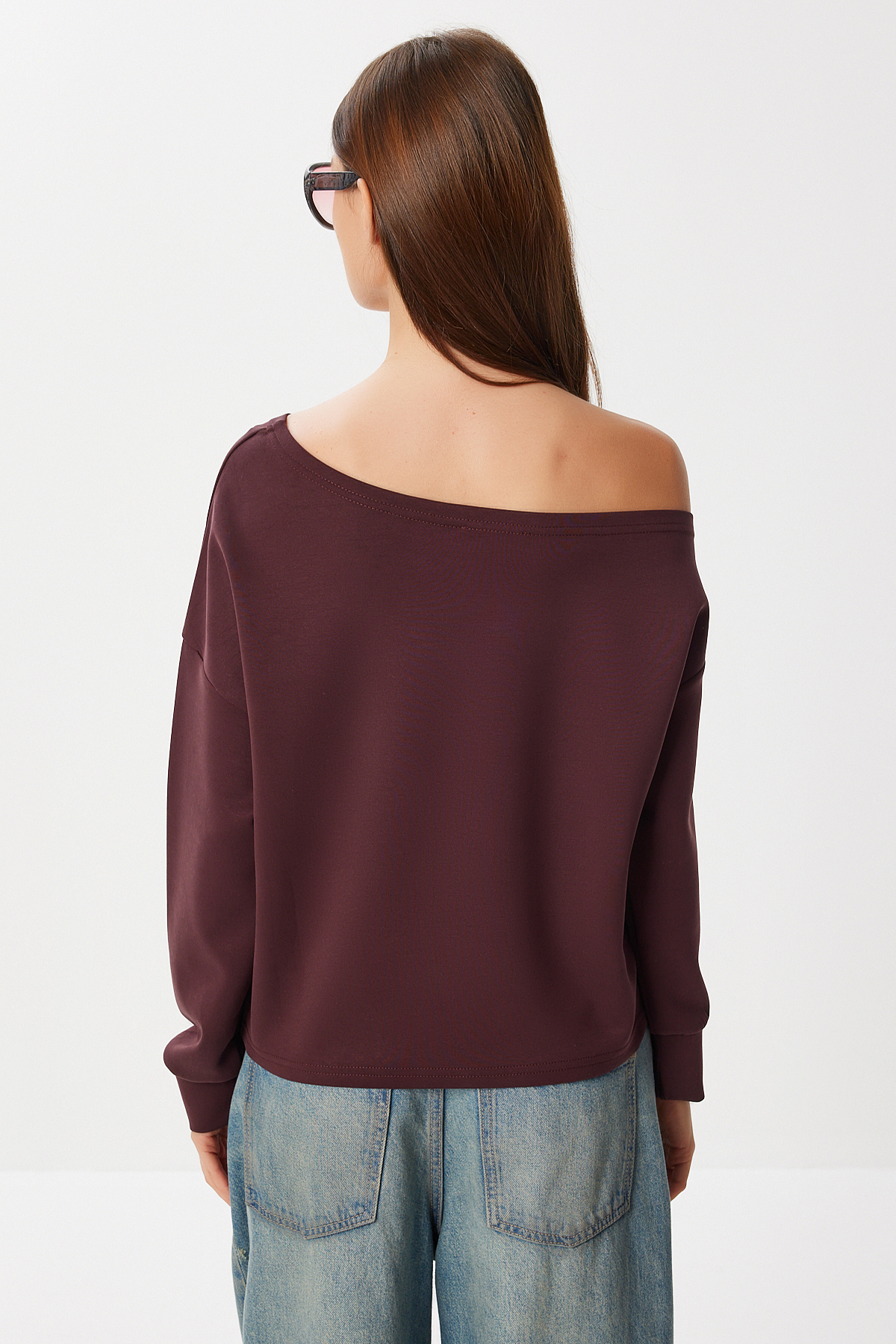Lovelyİstanbul Açık Omuzlu Yumuşak Modal Sweatshirt LUB0252 BORDO görsel 4