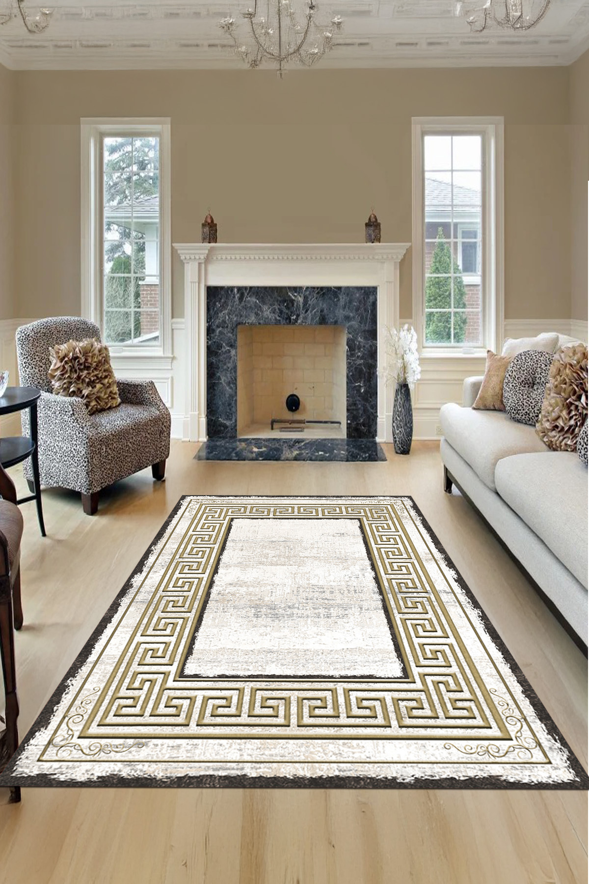 Modern Framed Living Room Rug with Classic Edge Stripes with Digital Printed Washable and Non-Slip Base