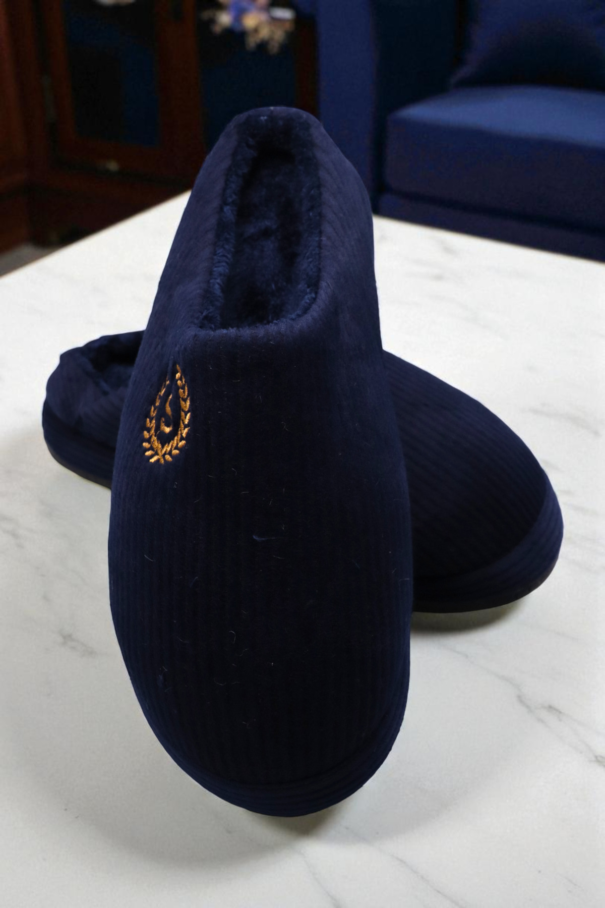 HFKY Unisex Nakışlı Kadife Fitilli Desen Rahat Yumuşak Tabanlı İçi Kürklü Ev Terliği. Terlik görsel 4