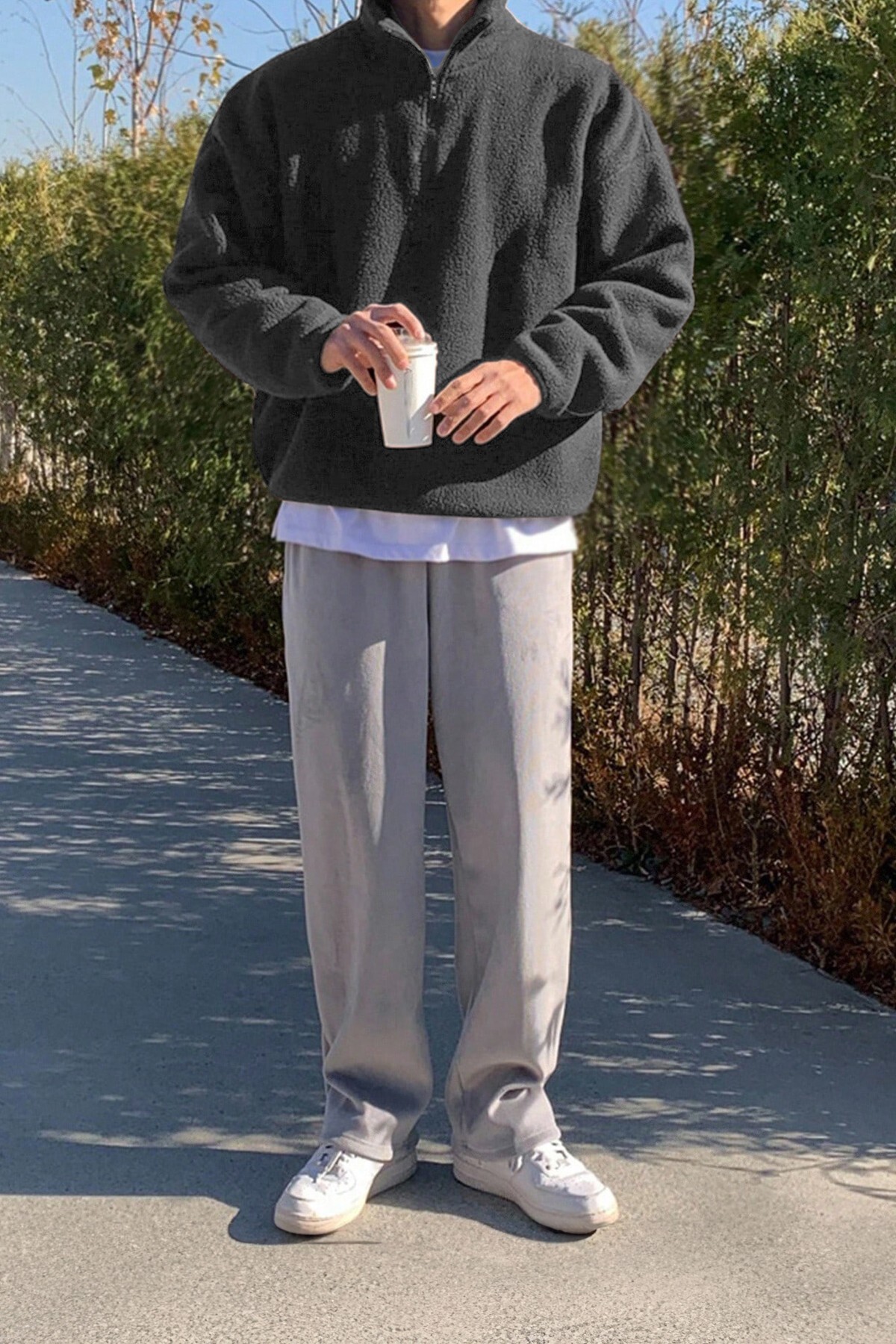 Ghassy Co  Erkek Ultra Isı Peluş Sherpa Oversize Yarım Metal Fermuar Lastik Ayarlı Polar Sweatshirt - Görsel 4