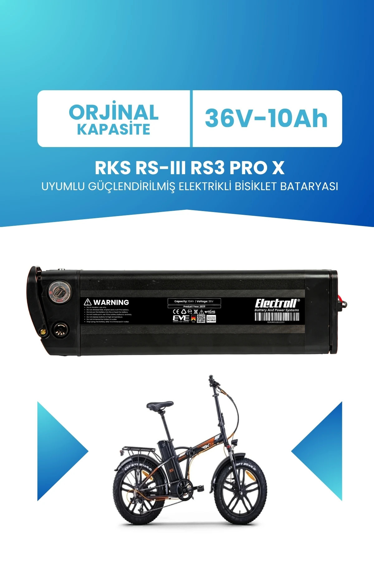 ELECTROLL RKS RS-III RS3 PRO X Uyumlu 36V 10Ah Güçlendirilmiş Elektrikli Bisiklet Bataryası