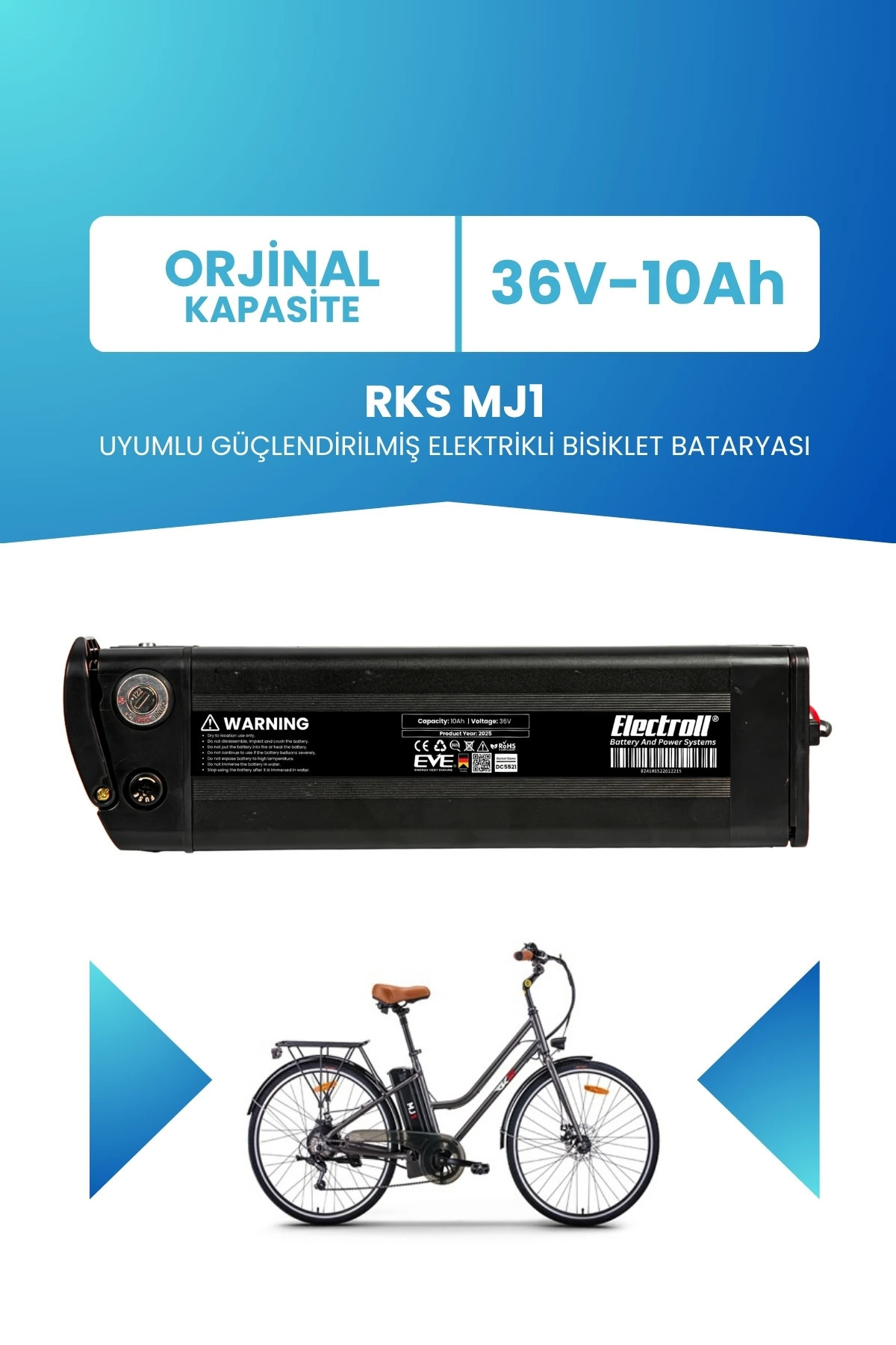 ELECTROLL RKS MJ1 Uyumlu 36V 10Ah Güçlendirilmiş Elektrikli Bisiklet Bataryası