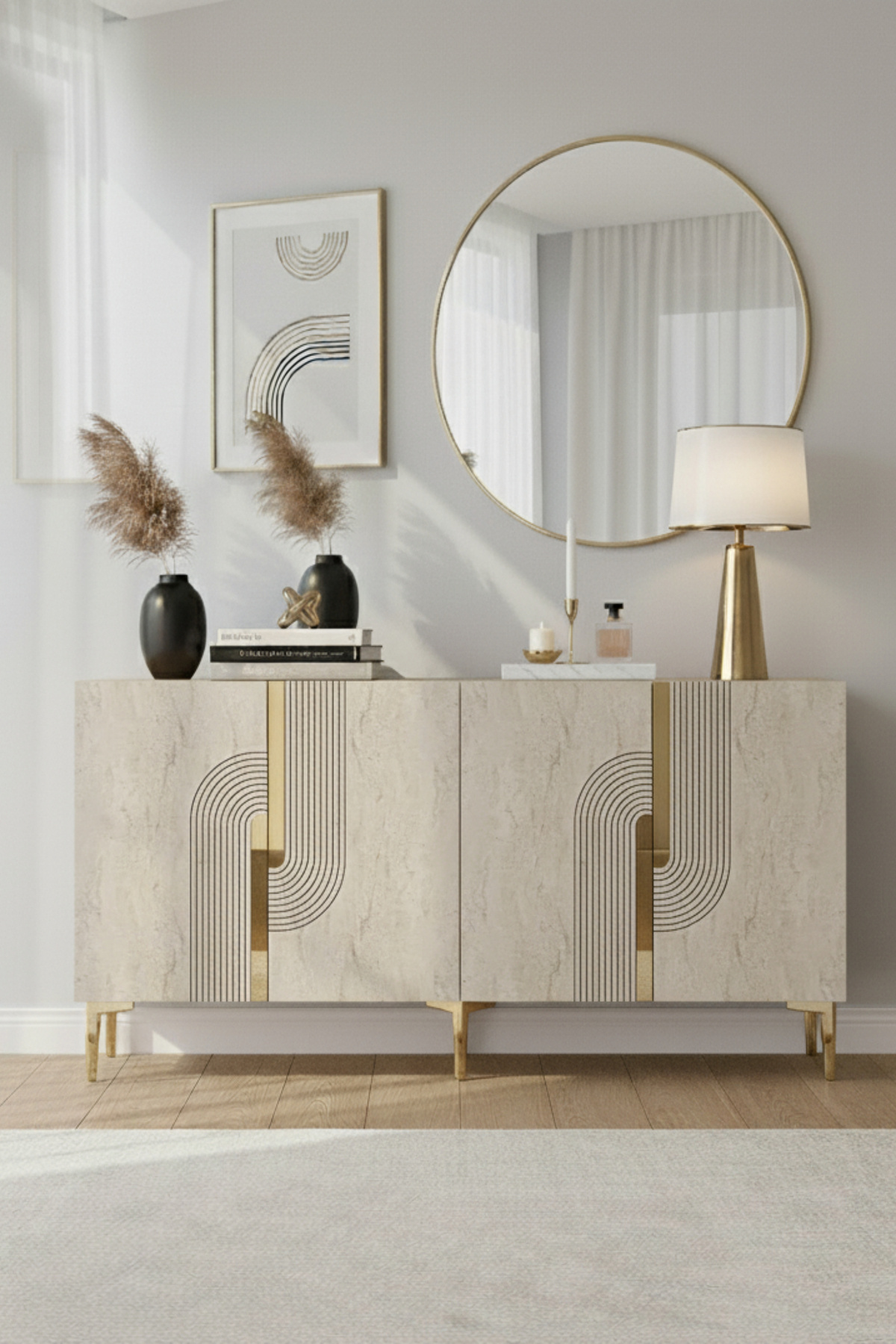 CENEYRA KA1516BTG MEYRA KONSOL, TV SEHPASI BEYAZ-TRAVERTEN KAPAK-GOLD 150cm