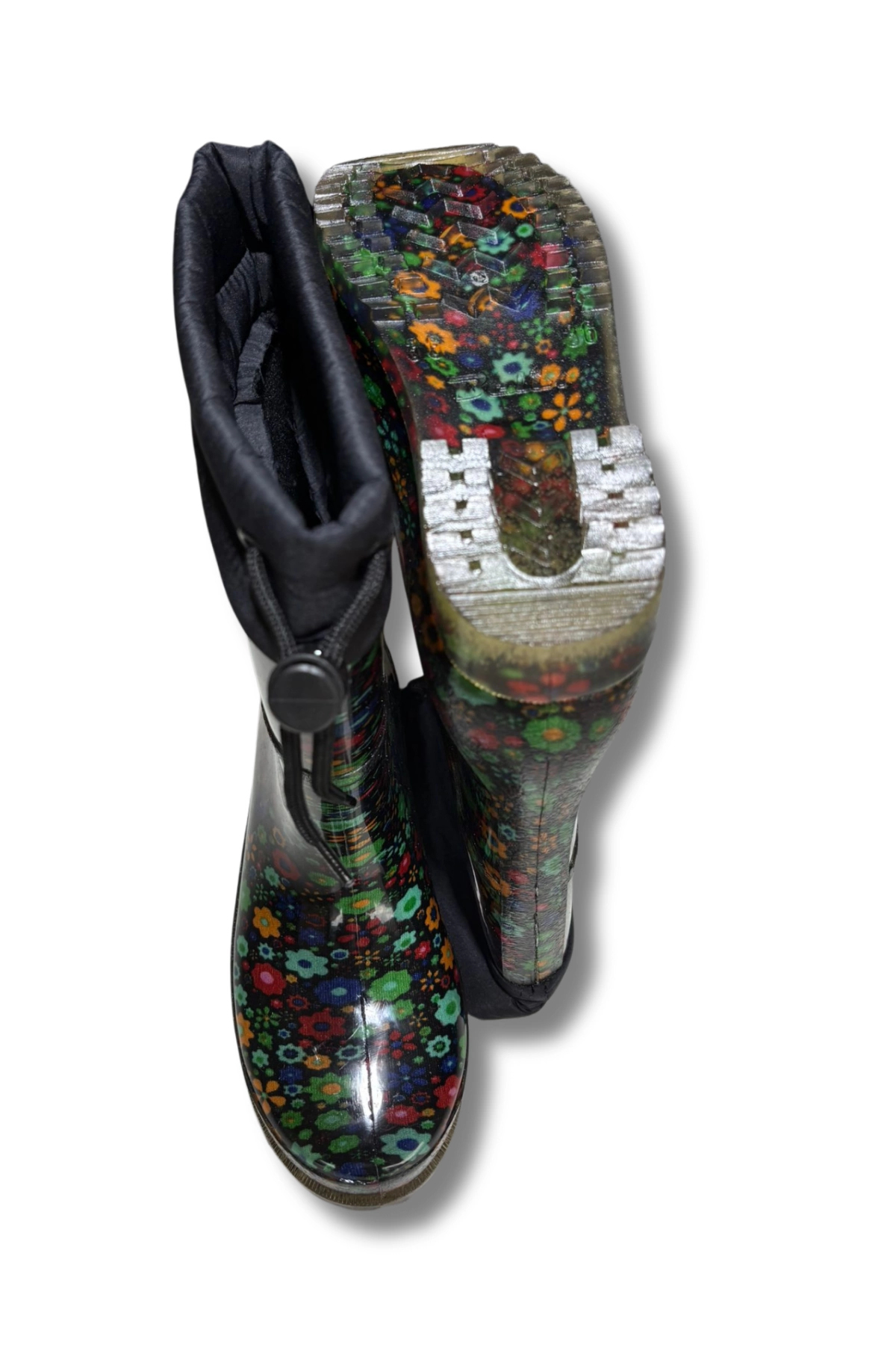 belixspor  Konçlu Peluşlu Kadın Yağmur Çizmesi 36-40 Yeşil Çiçekli - Görsel 3