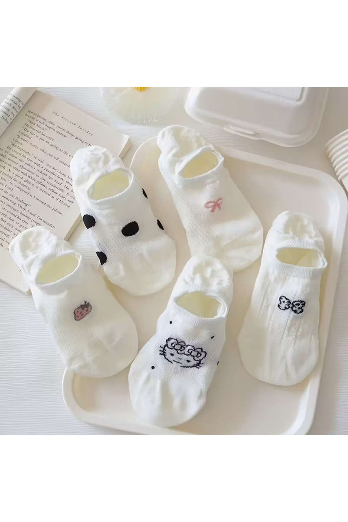 Hitit Socks Kadın 5 Çift Yumuşak Nefes Alabilen Karikatür ve Sevimli Kedi Desenli Görünmez Çorap görsel 4