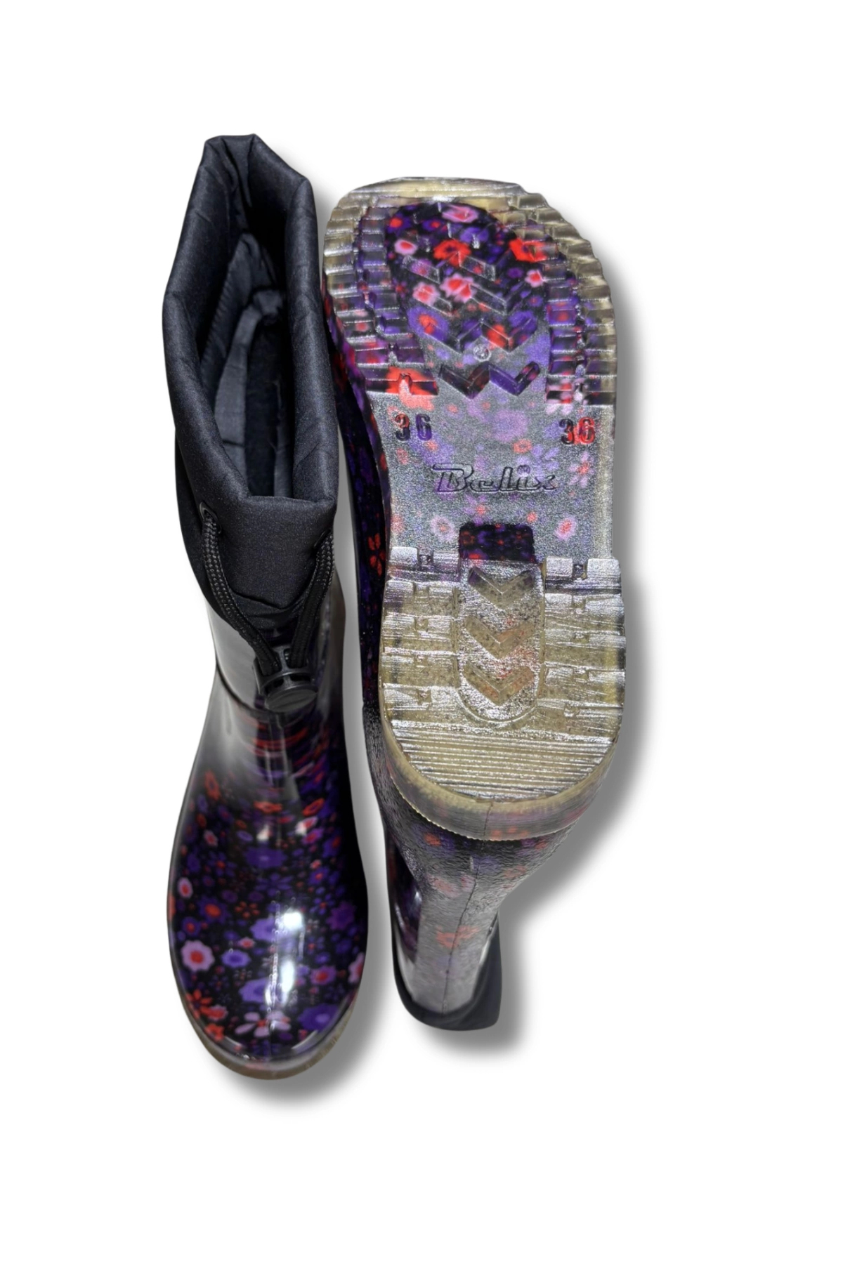 belixspor  Konçlu Peluşlu Kadın Yağmur Çizmesi 36-40 Mürdüm Çiçekli - Görsel 6