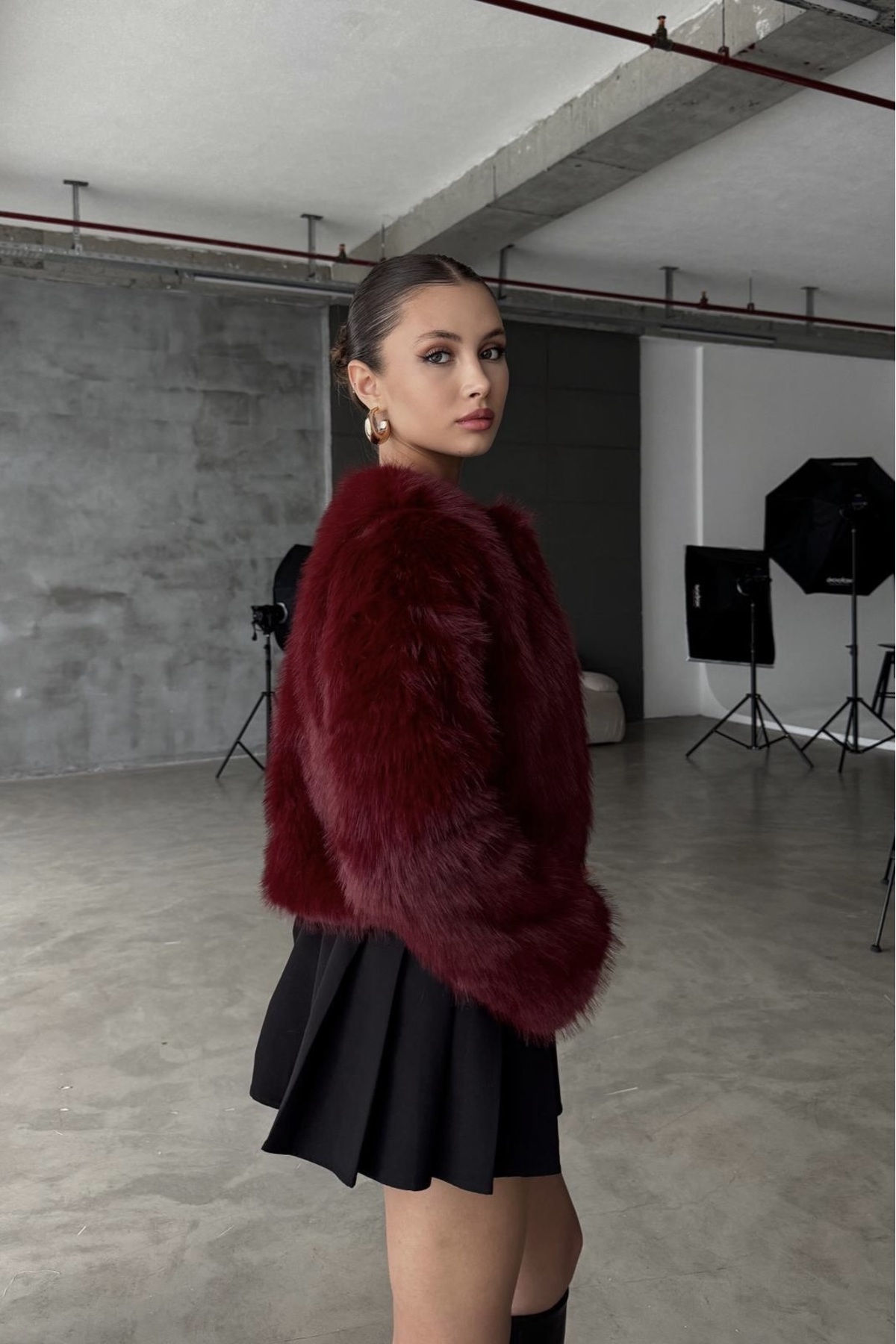 Moderk  ZR İthal Premium Kalite Bordo Yakasız Kürk Kadın Mont Ceket Kaban - Görsel 5