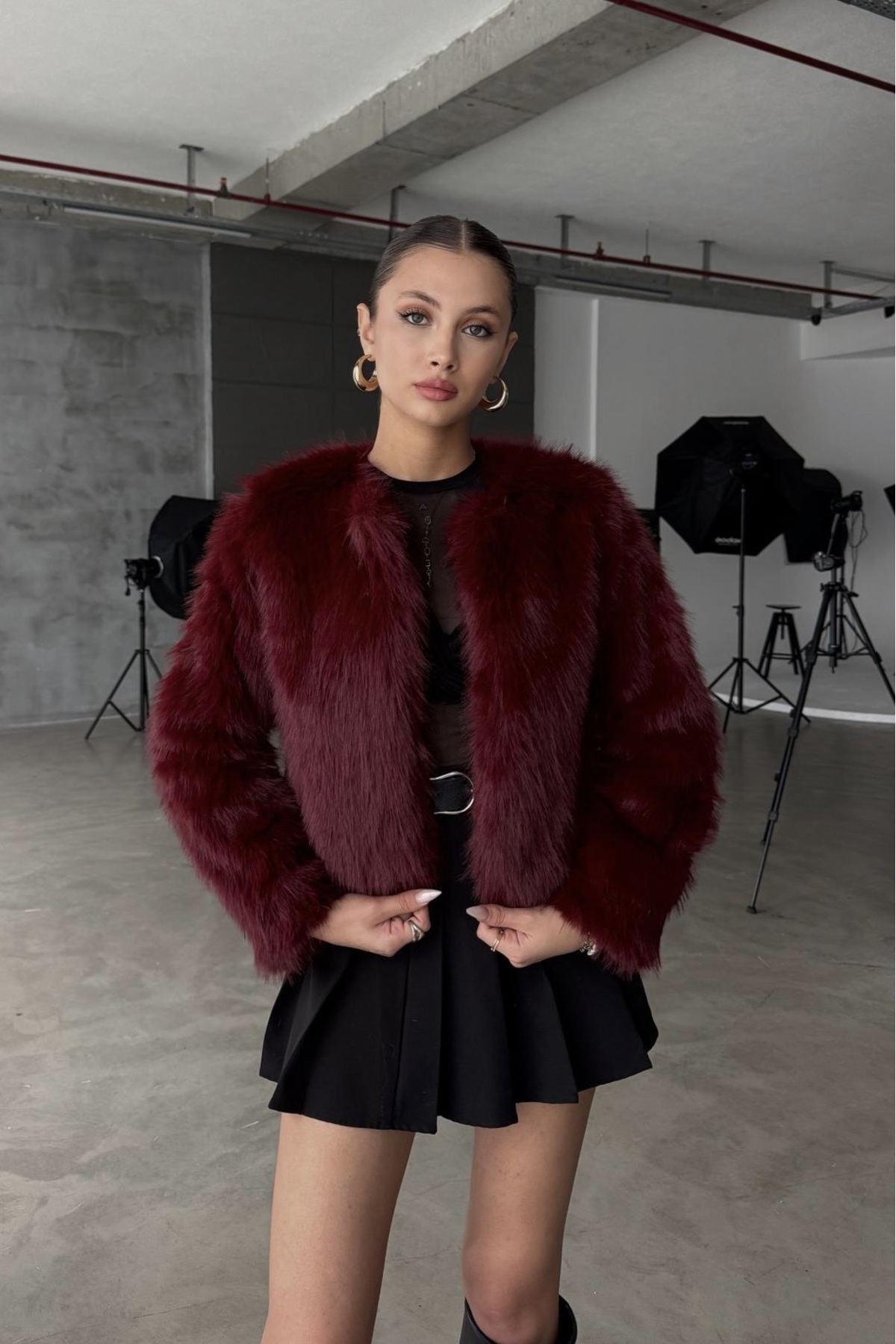 Moderk  ZR İthal Premium Kalite Bordo Yakasız Kürk Kadın Mont Ceket Kaban - Görsel 3