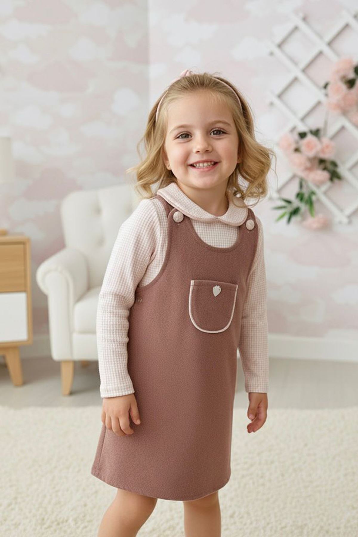 Minigimin Cicileri Miniğimin Cicileri Çilek Düğme Detaylı Kazayağı Desenli 2 li Jileli Takım - Gül Kurusu fotoğrafı 2 (önizleme)