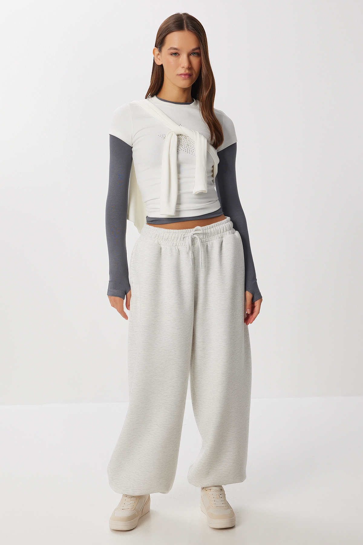 Lovelyİstanbul Şardonlu Örme Barrel Fit Eşofman Altı LUB0251 GRİ MELANJ
