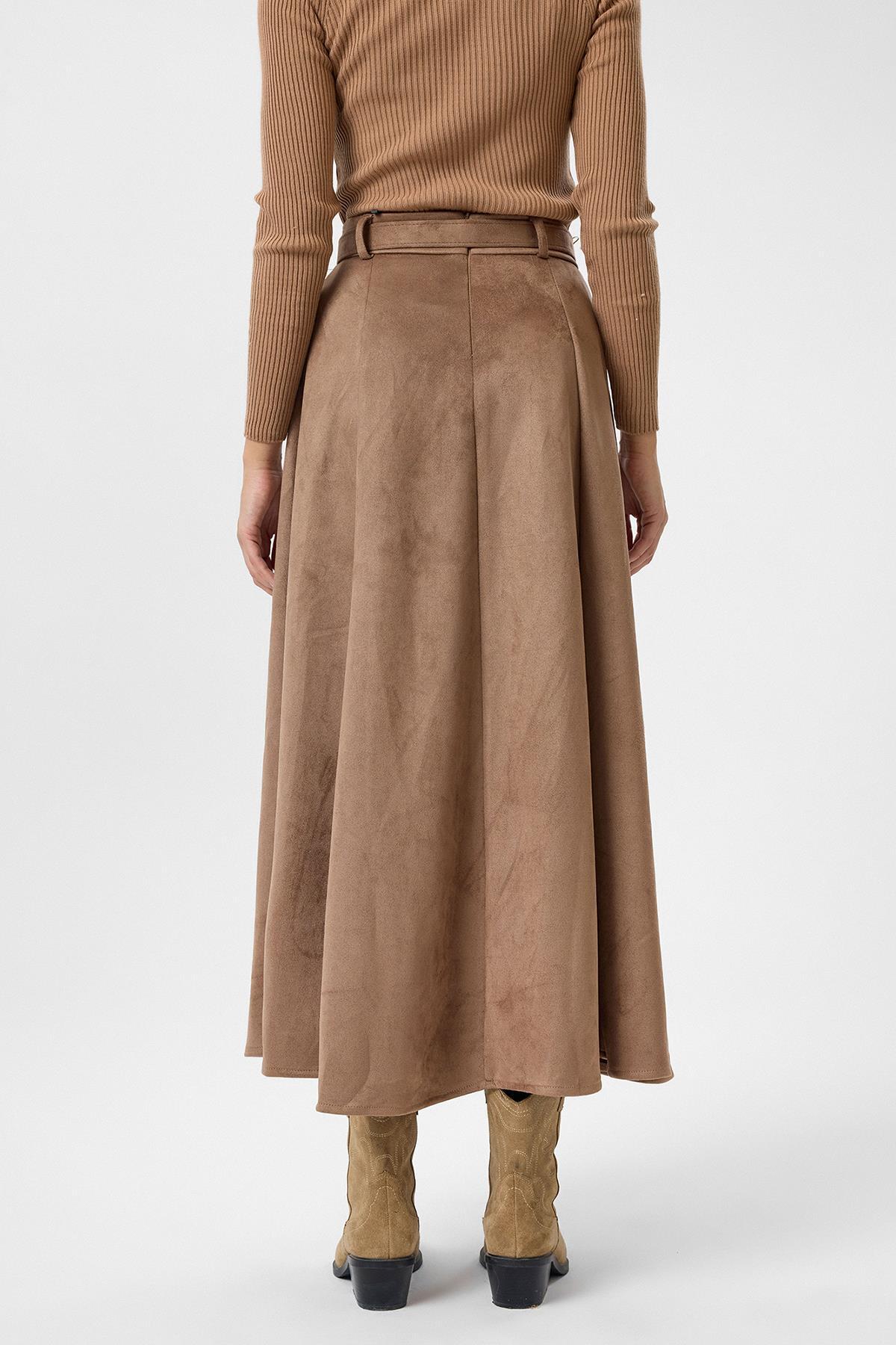 Tiffany Tomato  Yırtmaçlıı Uzun Süet Etek - Görsel 4