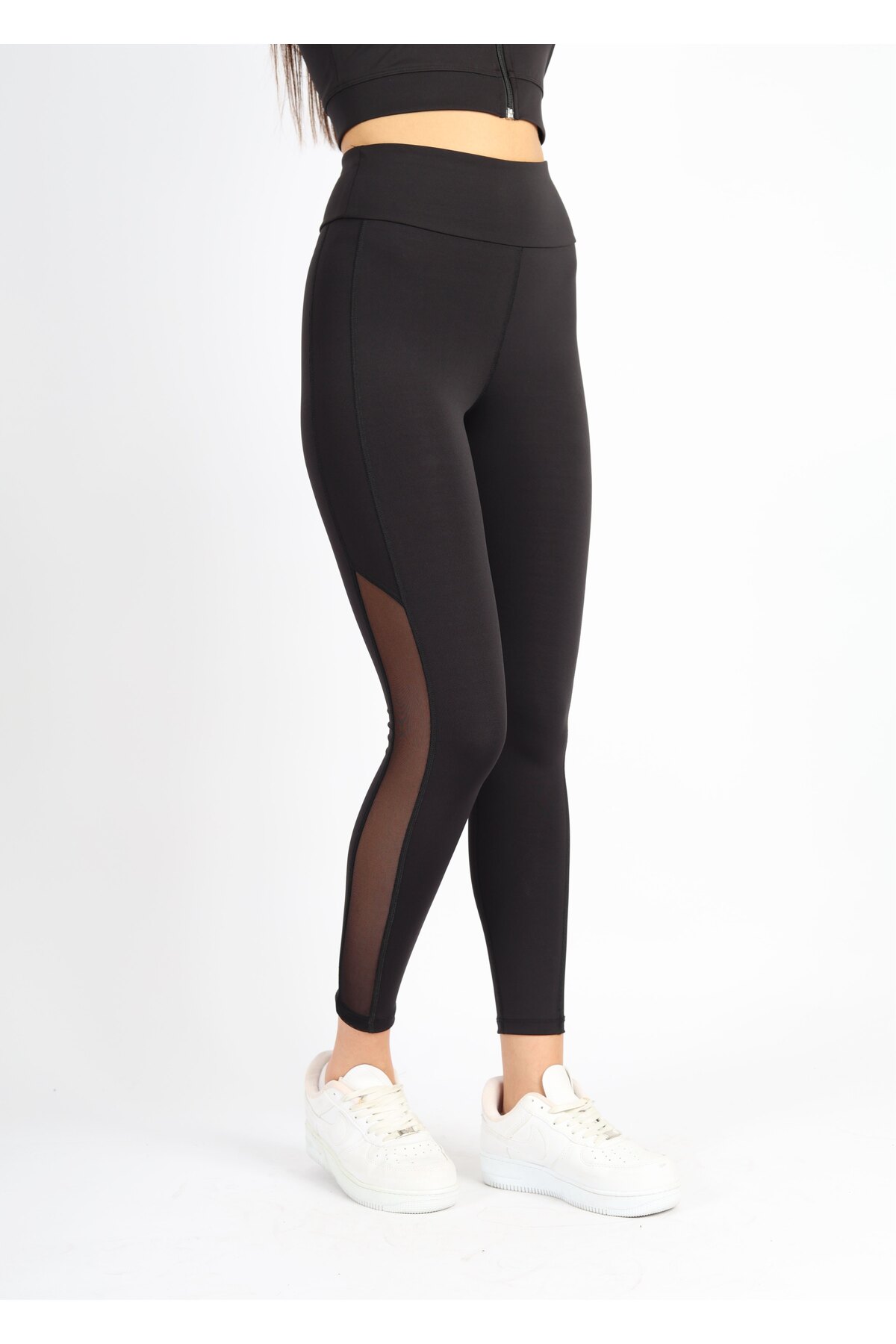 soft&basic Siyah Polyester Paçası Tül Detaylı Yüksek Bel Tayt
