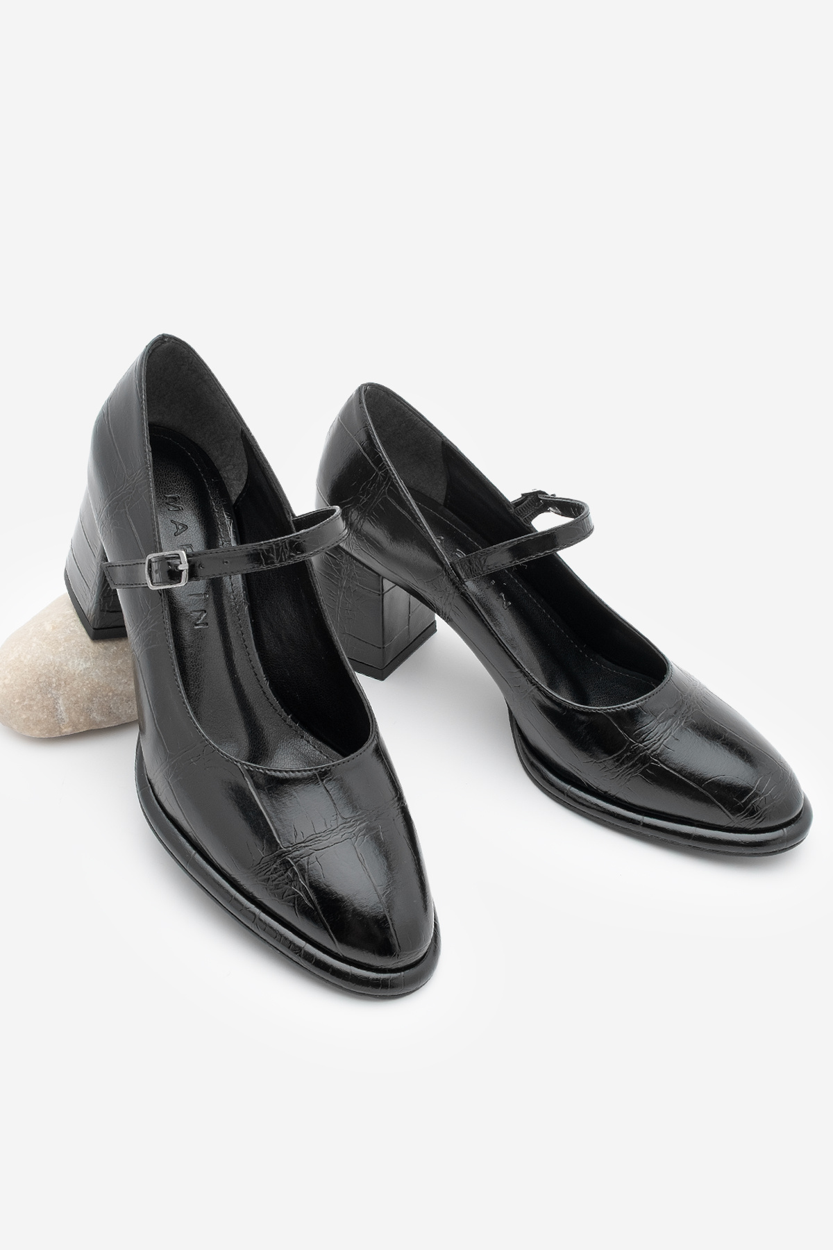 مارجین کفش زنانه نازک بند نازک گاه به گاه پاشنه ضخیم Vikas Black Croco