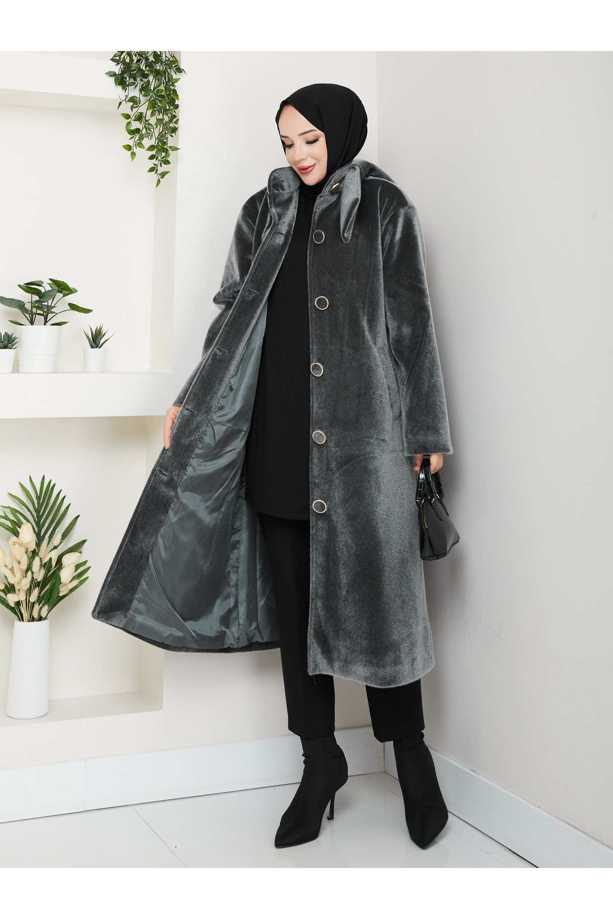 KMKkombin  KADIN DÜĞMELİ FİYONK MODELLİ FOKS KUMAŞ ŞIK KAŞE KABAN - Görsel 2