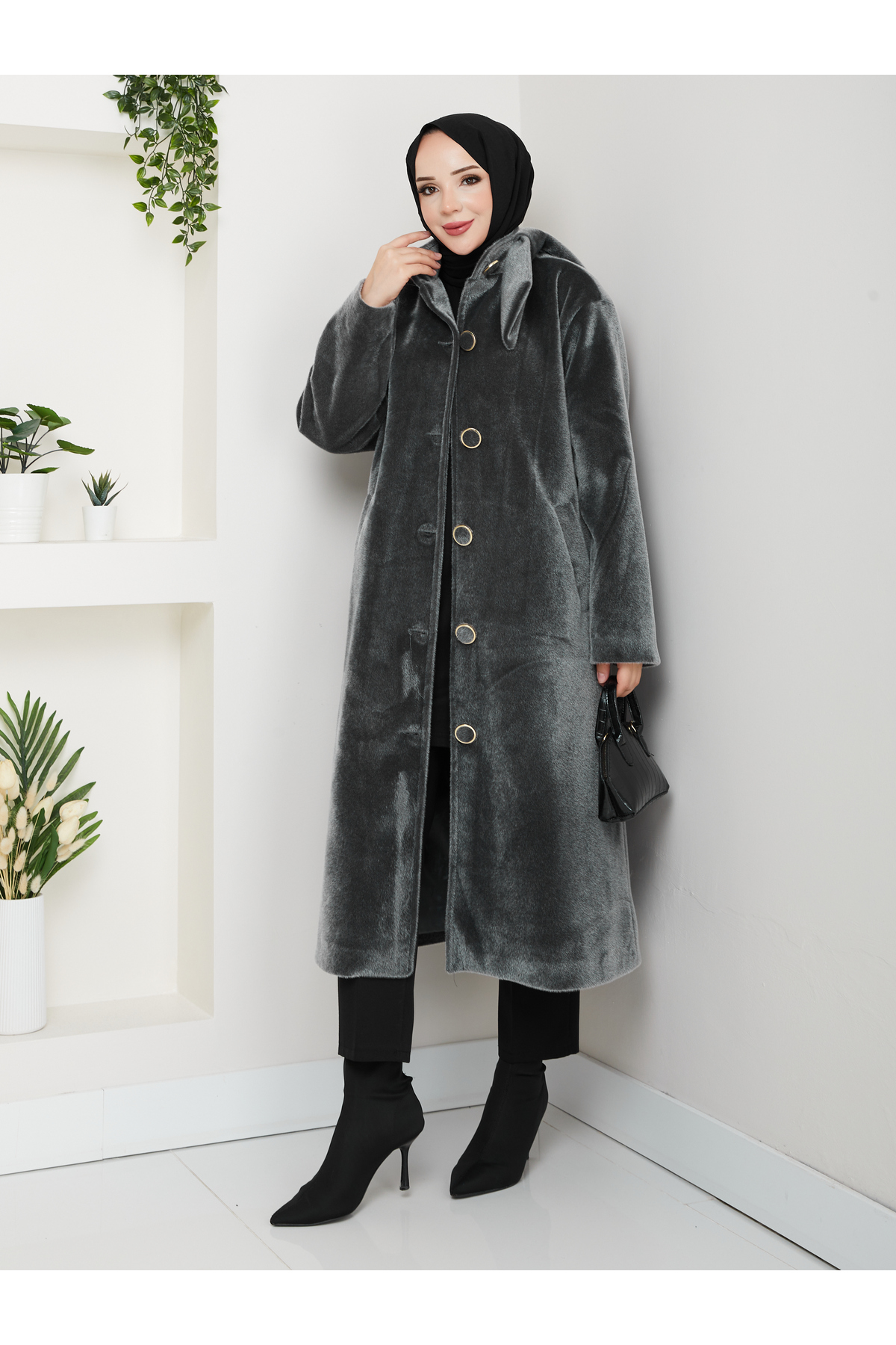 KMKkombin  KADIN DÜĞMELİ FİYONK MODELLİ FOKS KUMAŞ ŞIK KAŞE KABAN - Görsel 3